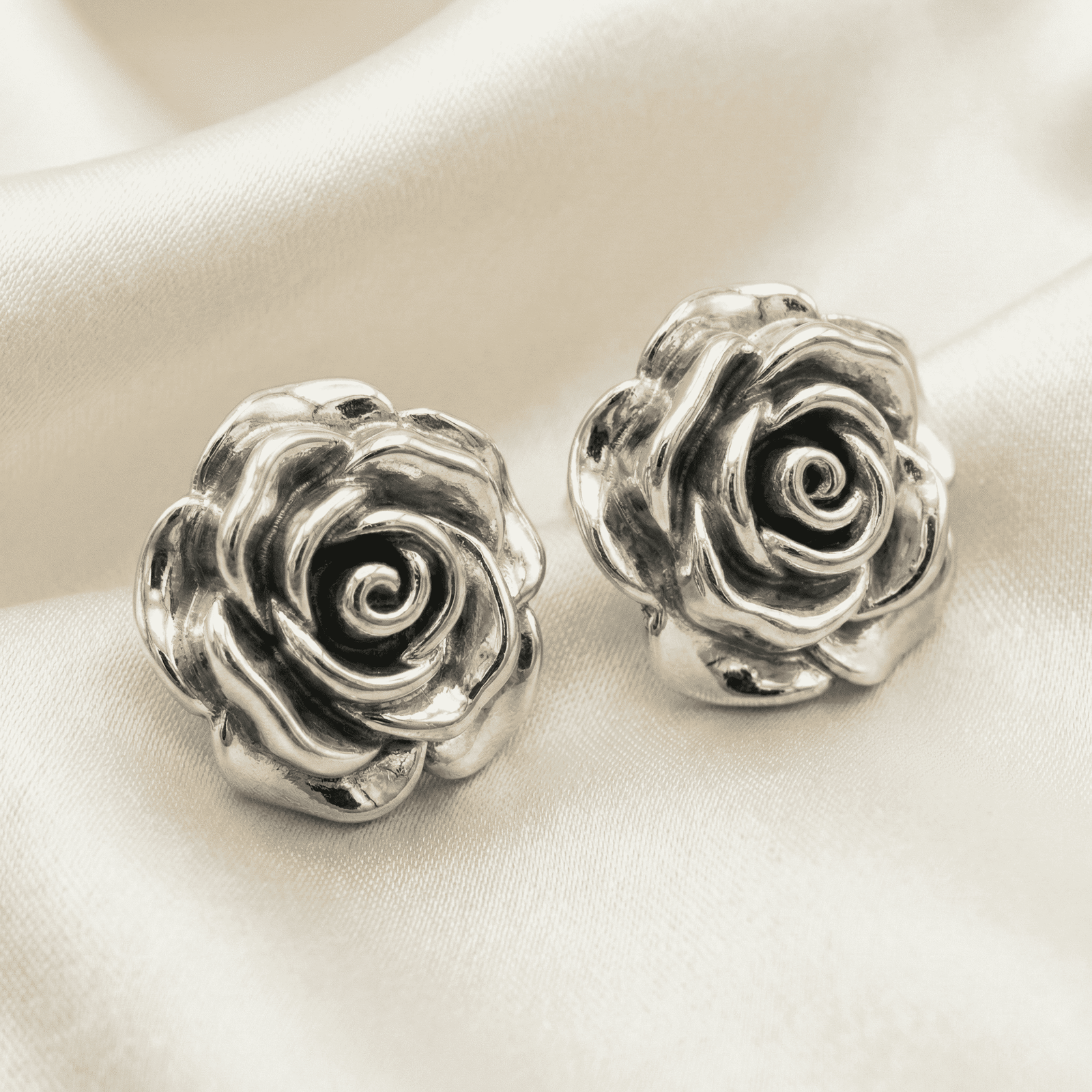 3D Silver-Tone Rose Stud Earrings for Women close-up floral design