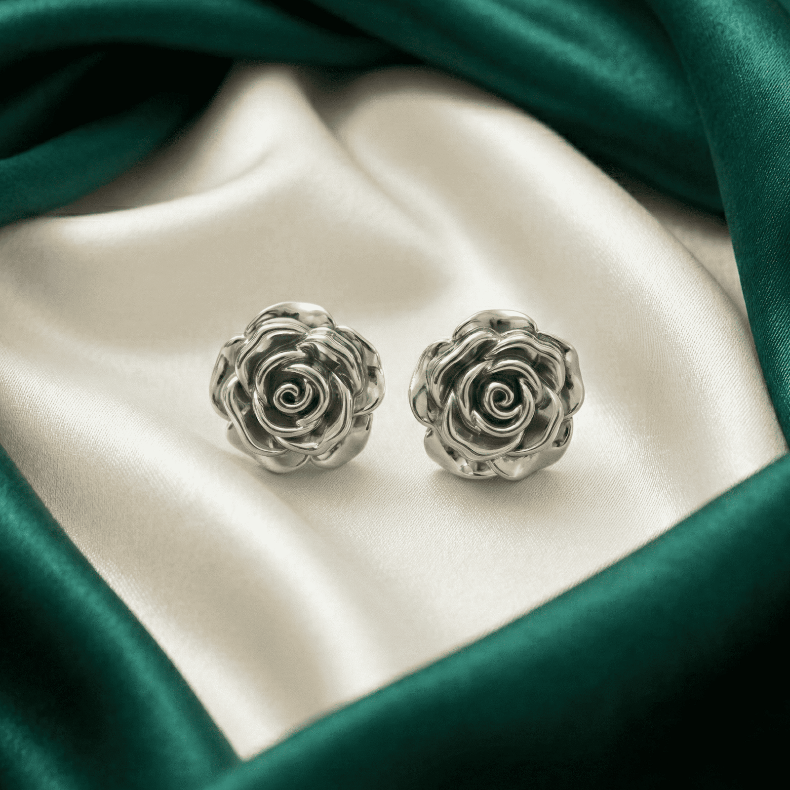 Floral silver-tone rose earrings front view for women