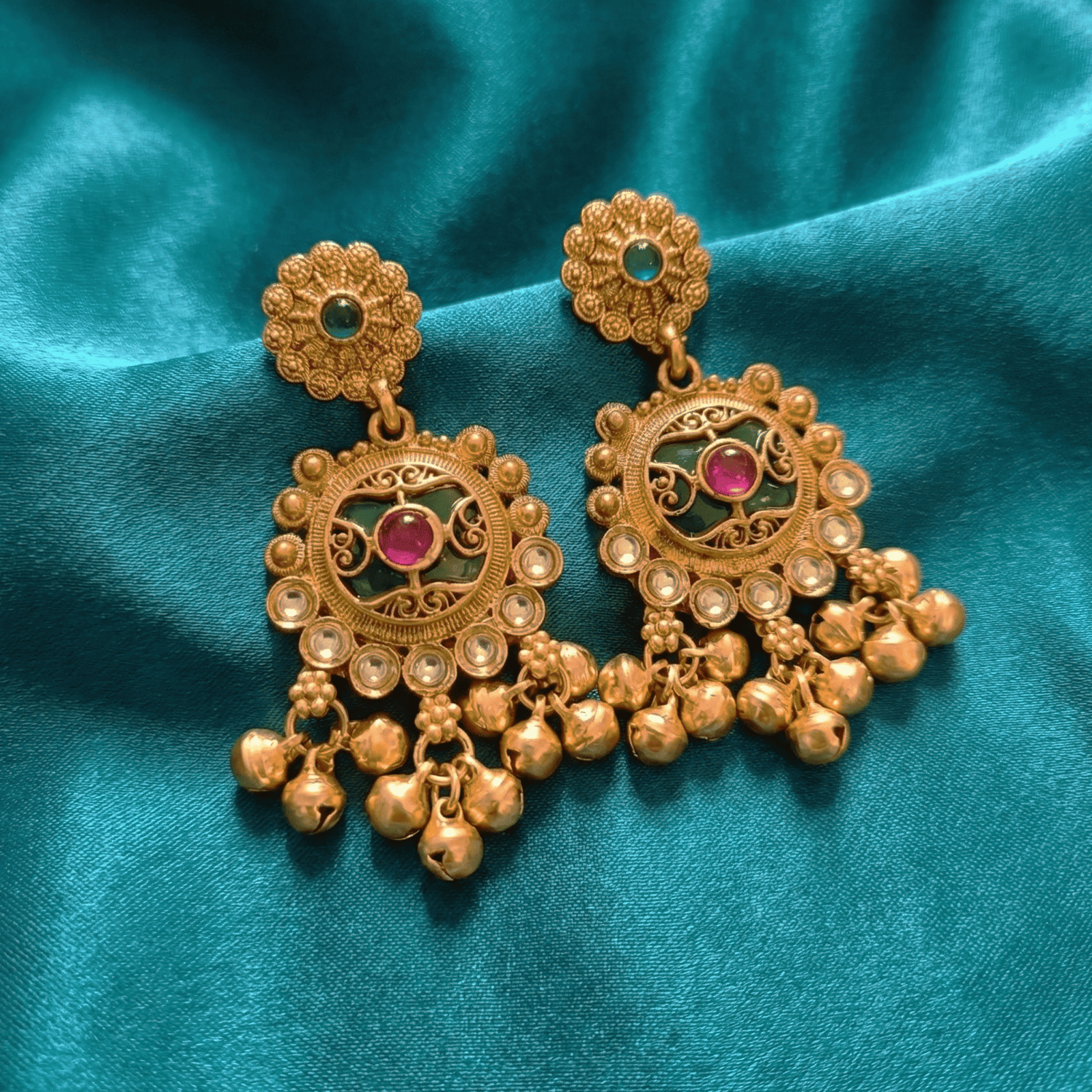 Antique Gold Tone Statement Earrings with Ghungroo for Women