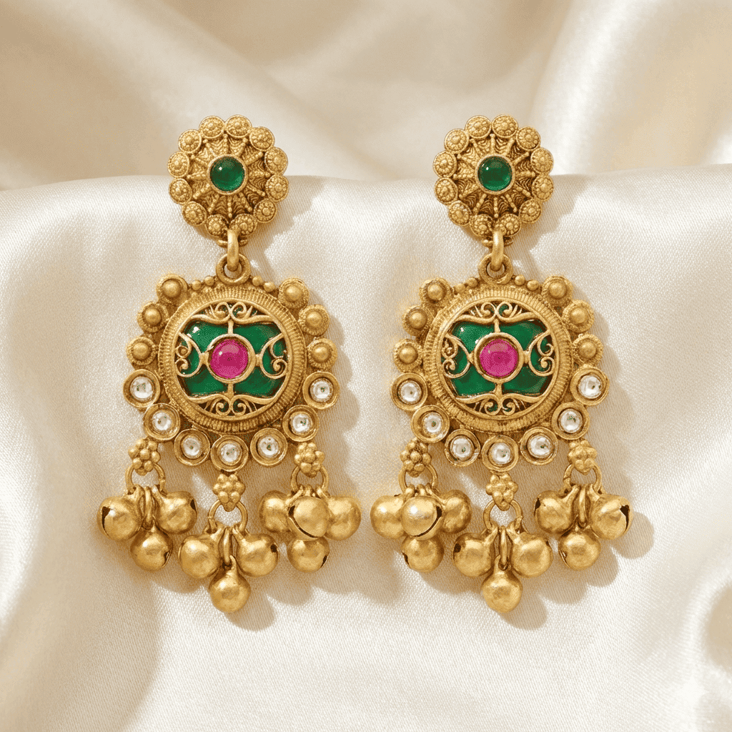 Statement Antique Finish Earrings with Ghungroo Drops and Crystal Embellishments
