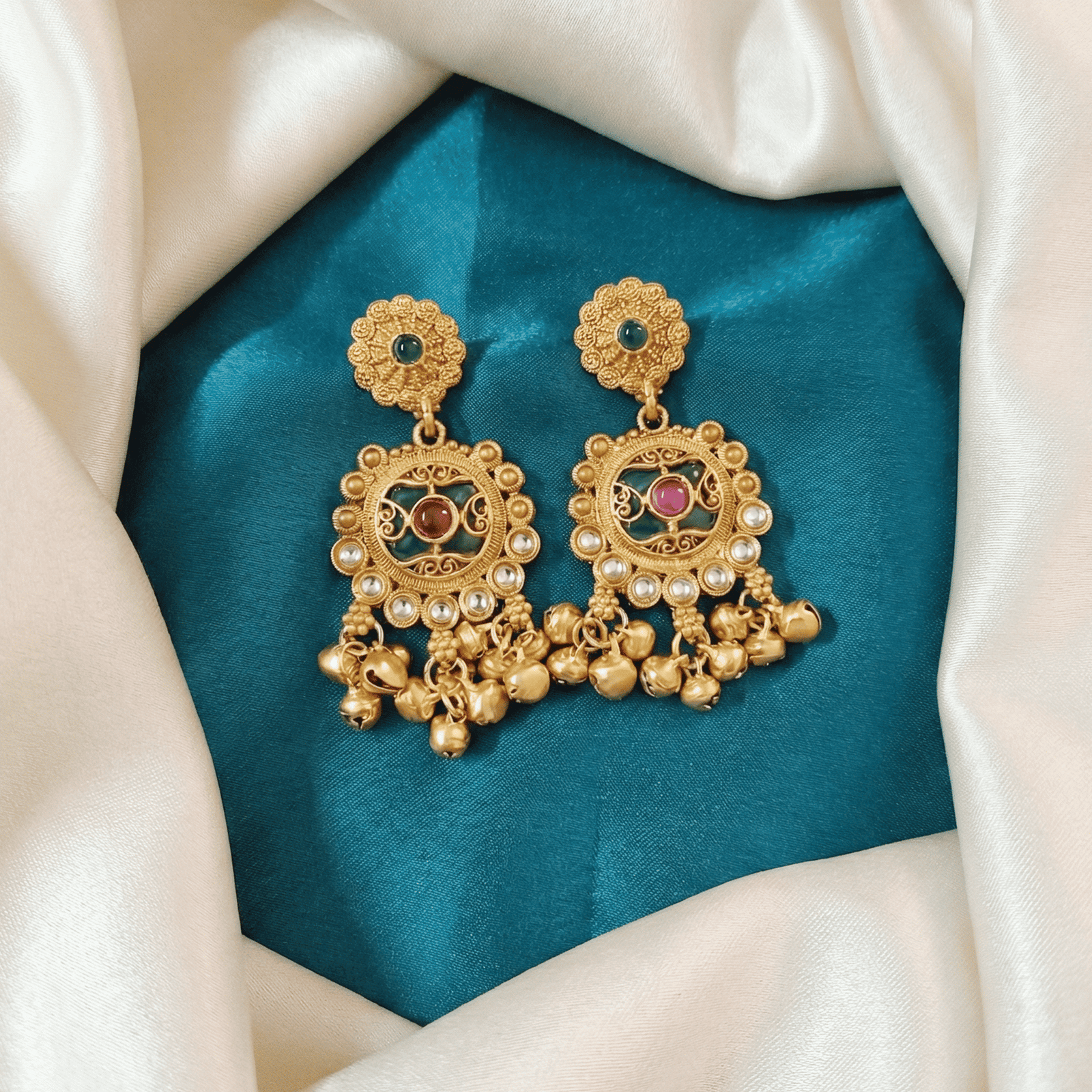 Ethnic Antique Gold Tone Earrings for Women with Circular Motif and Ghungroo Design
