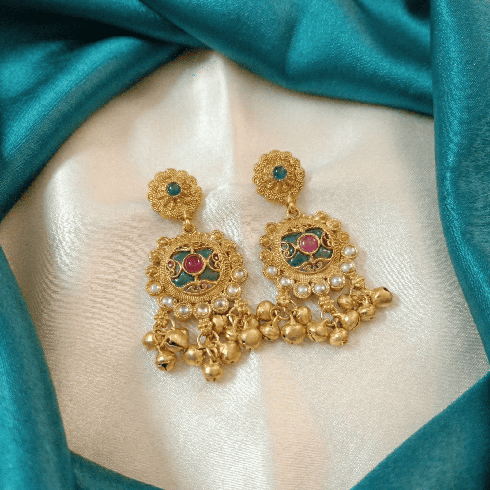 Wedding Wear Antique Gold Tone Statement Earrings with Stone Accents and Ghungroo