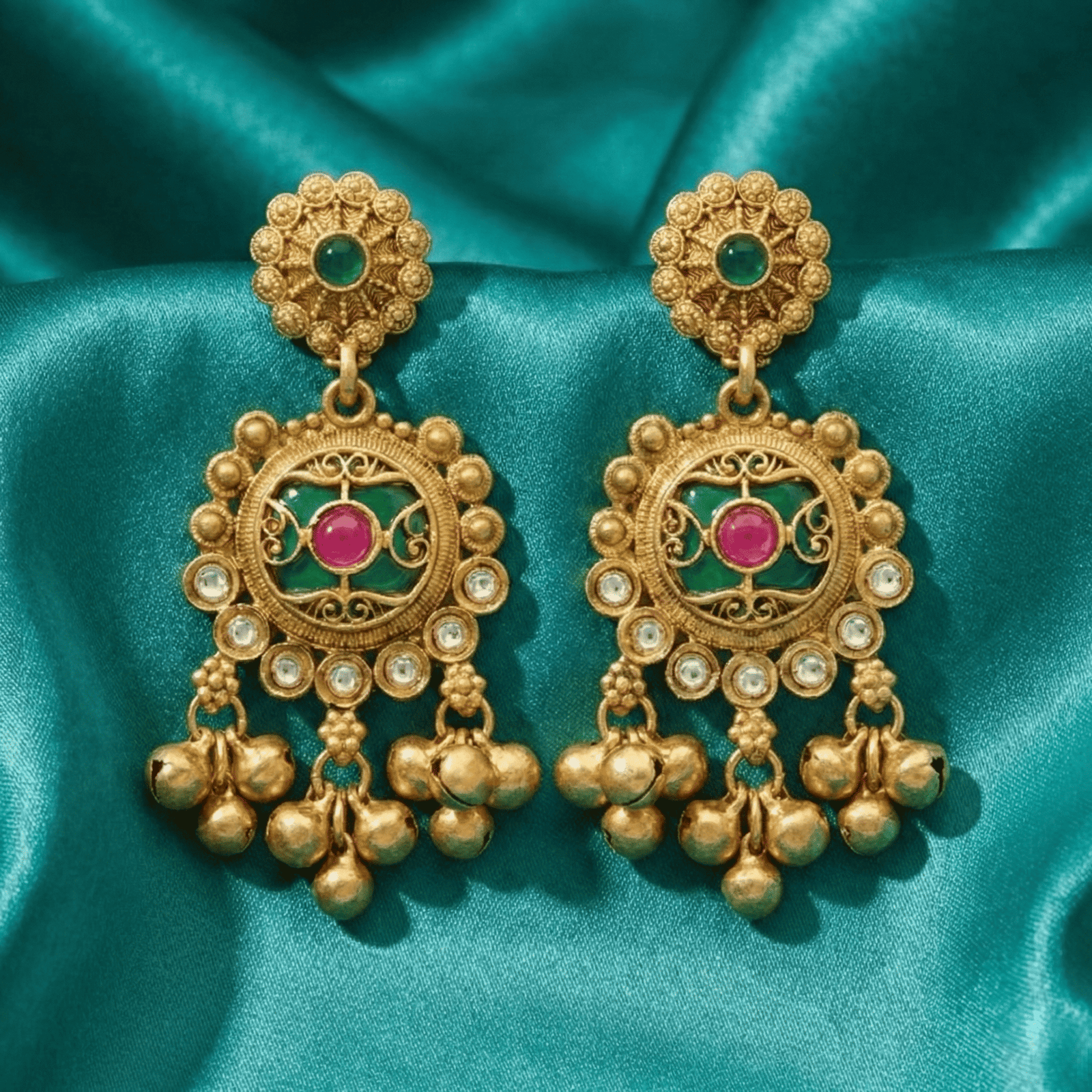 Antique Gold Tone Statement Earrings with Ghungroo for Women