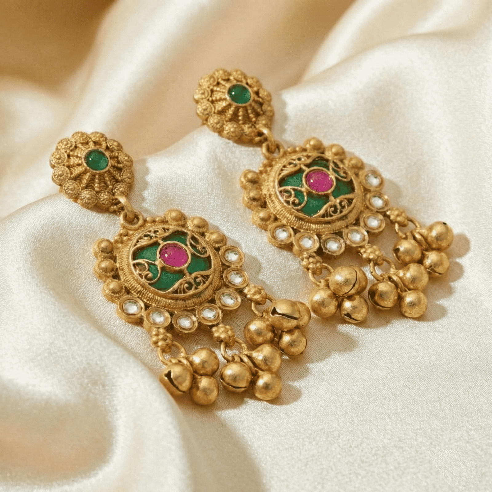 Antique Finish Ethnic Earrings with Ghungroo Danglers and Ornate Circular Pattern