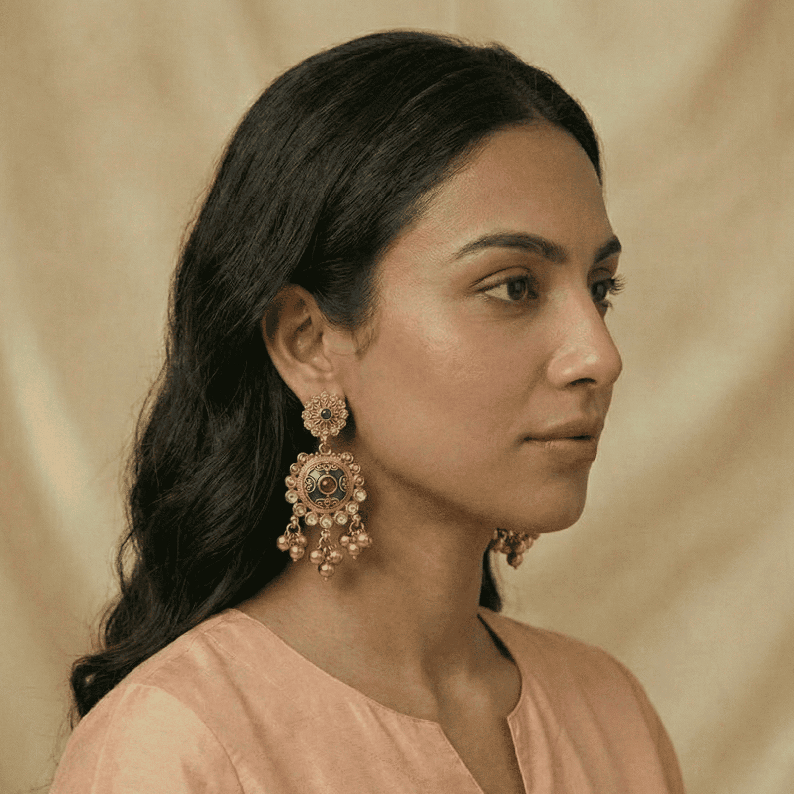 Side View of Antique Gold Tone Statement Earrings with Ghungroo for Women