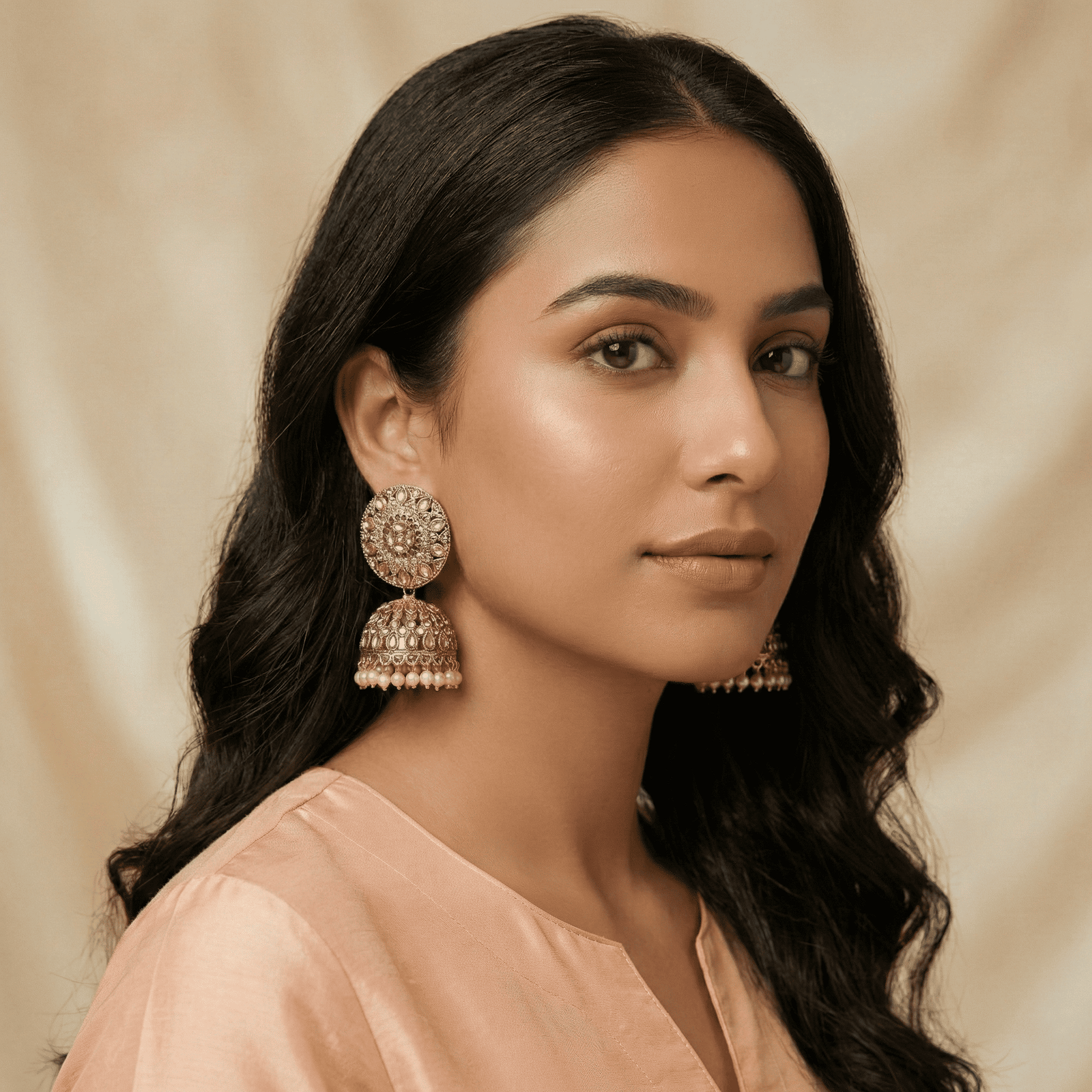 Traditional pearl jhumka earrings close-up portrait styling