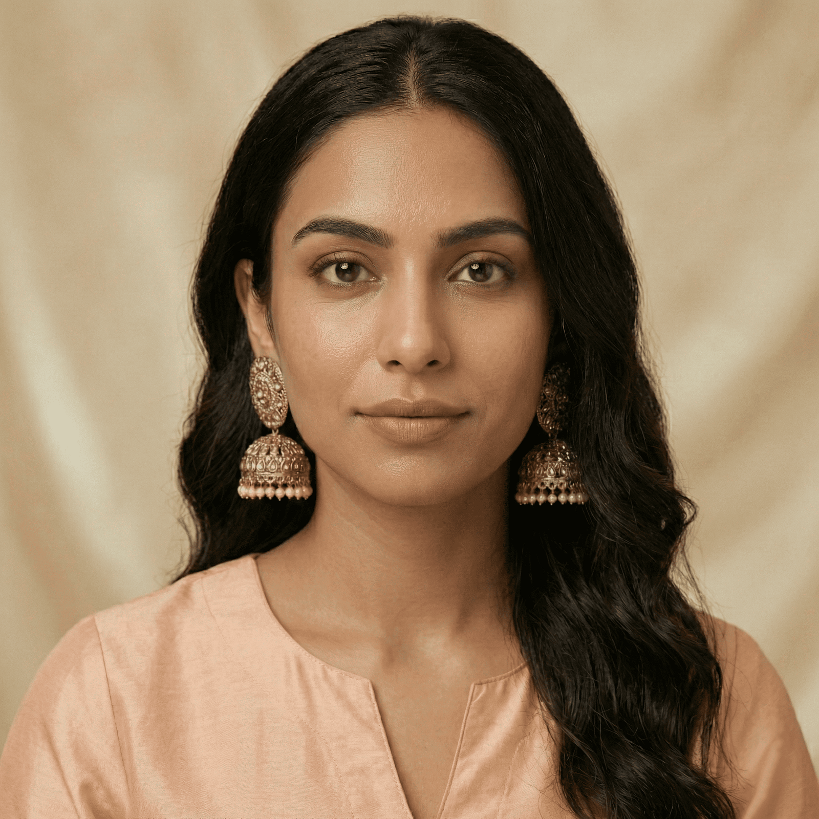 Woman wearing antique mandala pearl jhumka earrings
