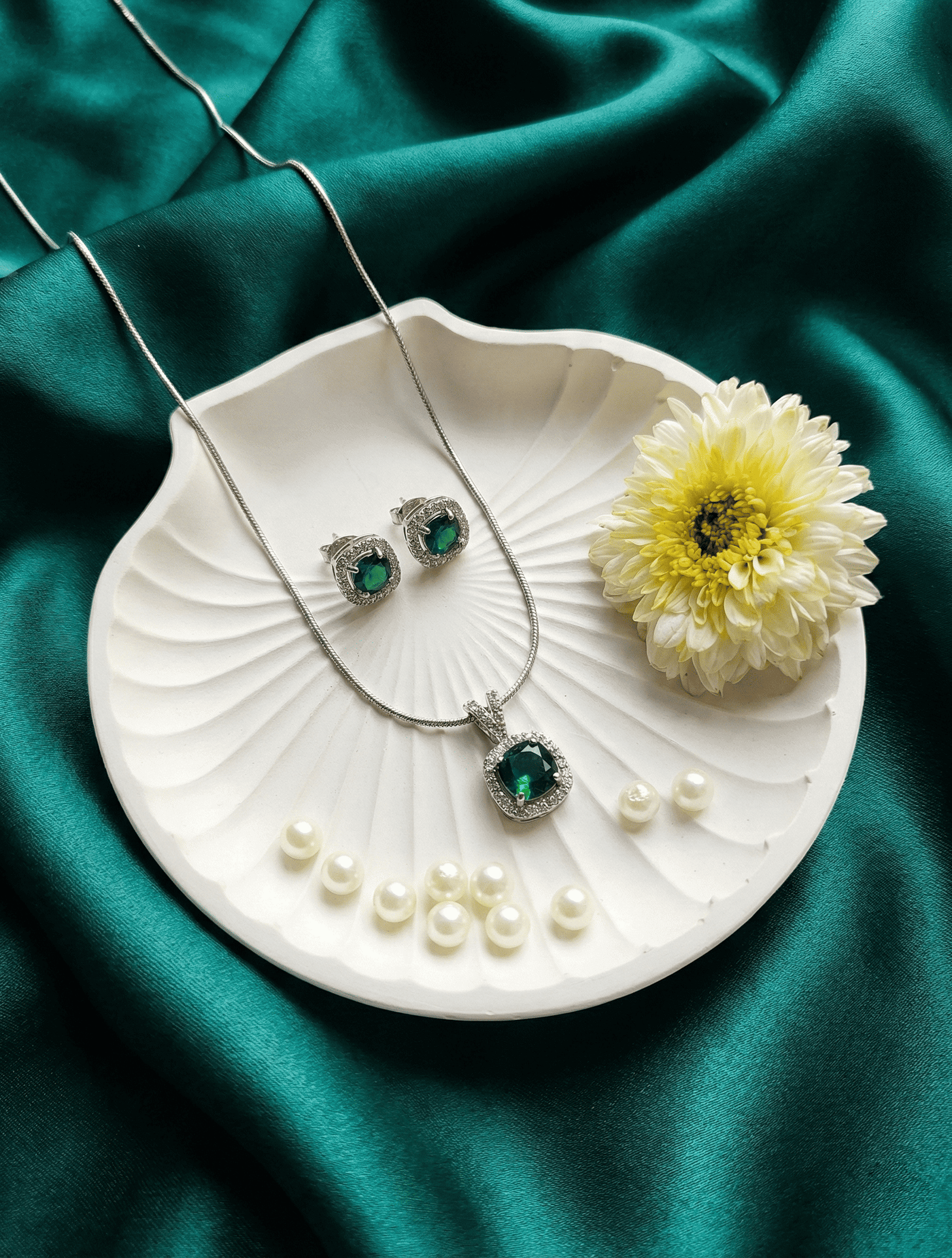 Emerald Charm AD Pendant Set with Earrings for Women | Eshanarya