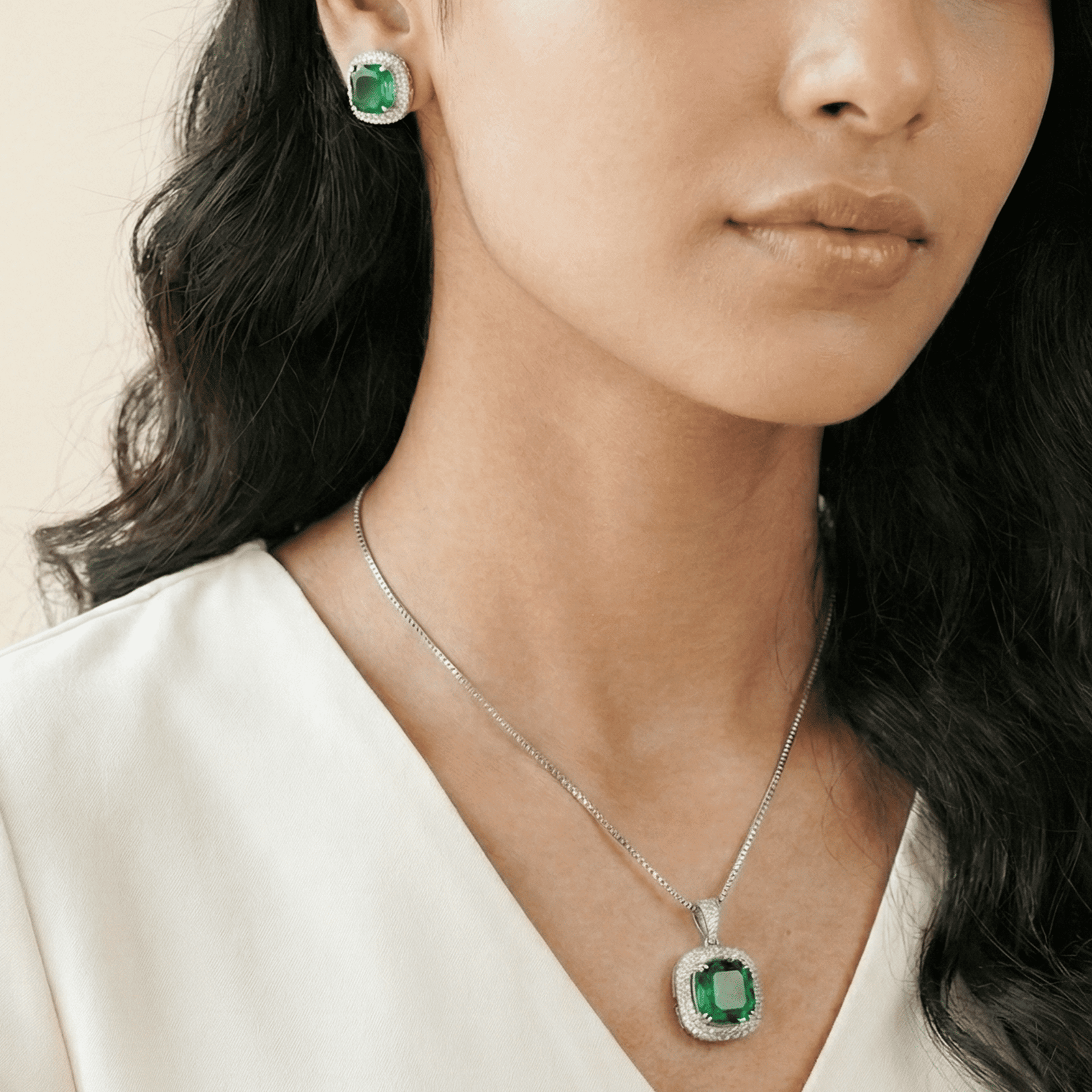 Emerald green AD pendant set with earrings for women