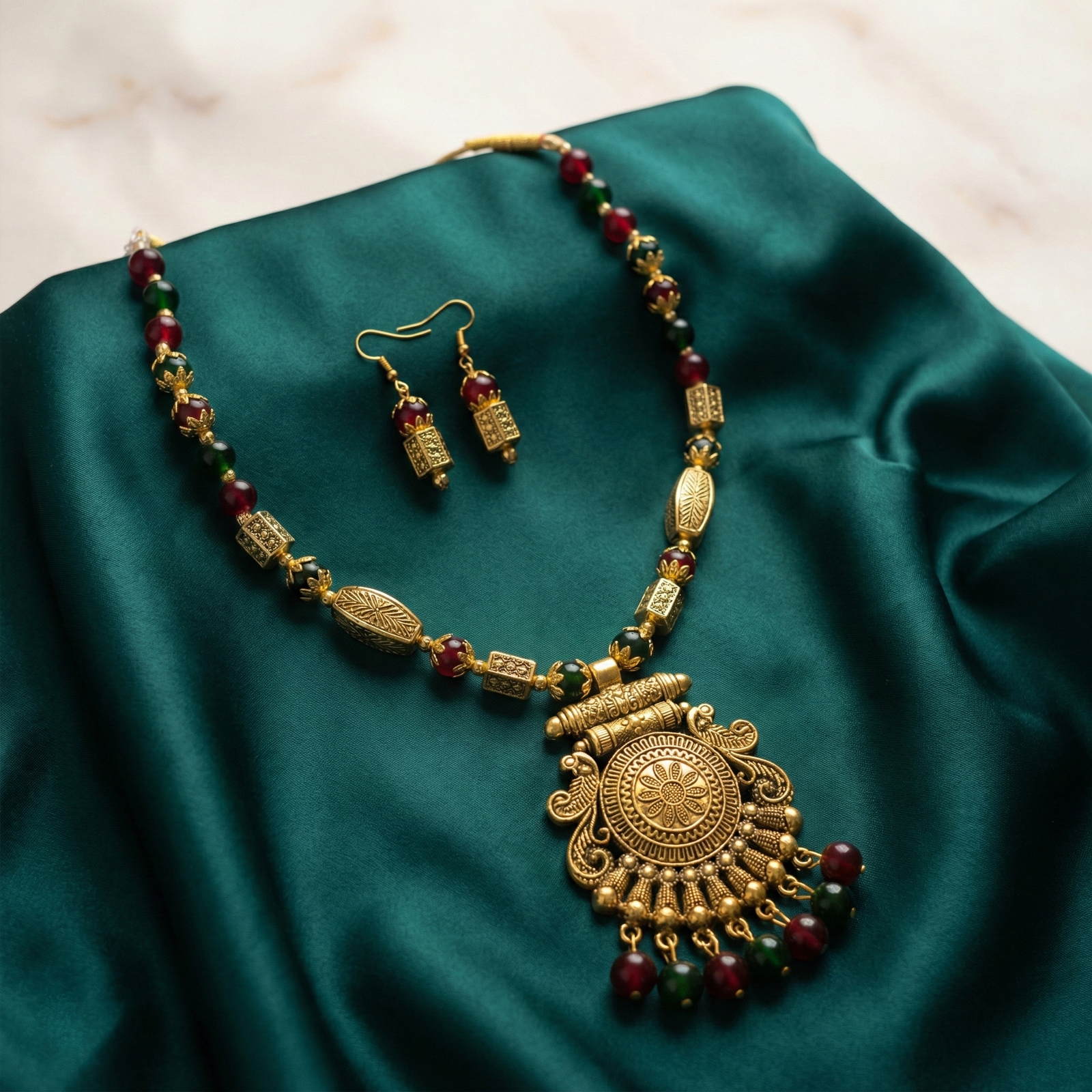 Eshanarya-Antique-Multicolor-Beaded-Temple-Necklace-Set 1