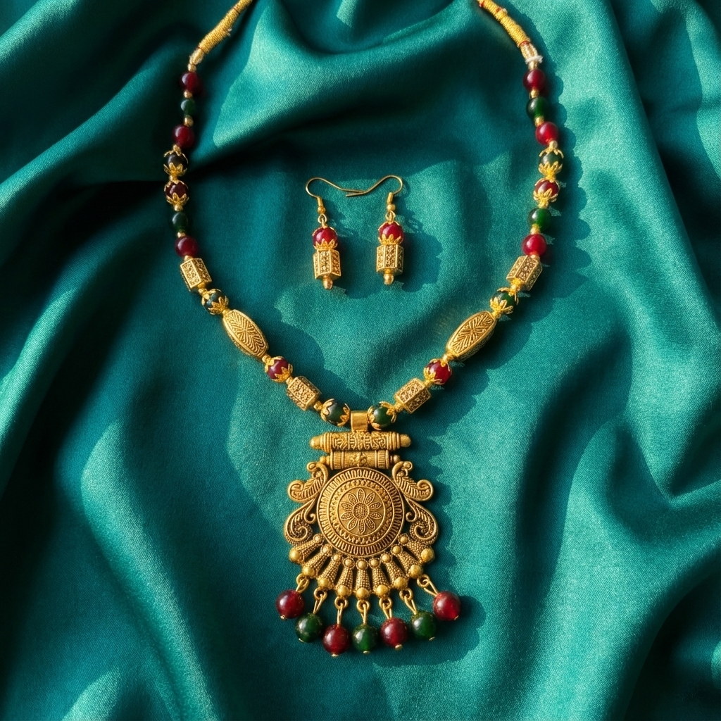 Eshanarya-Antique-Multicolor-Beaded-Temple-Necklace-Set 2