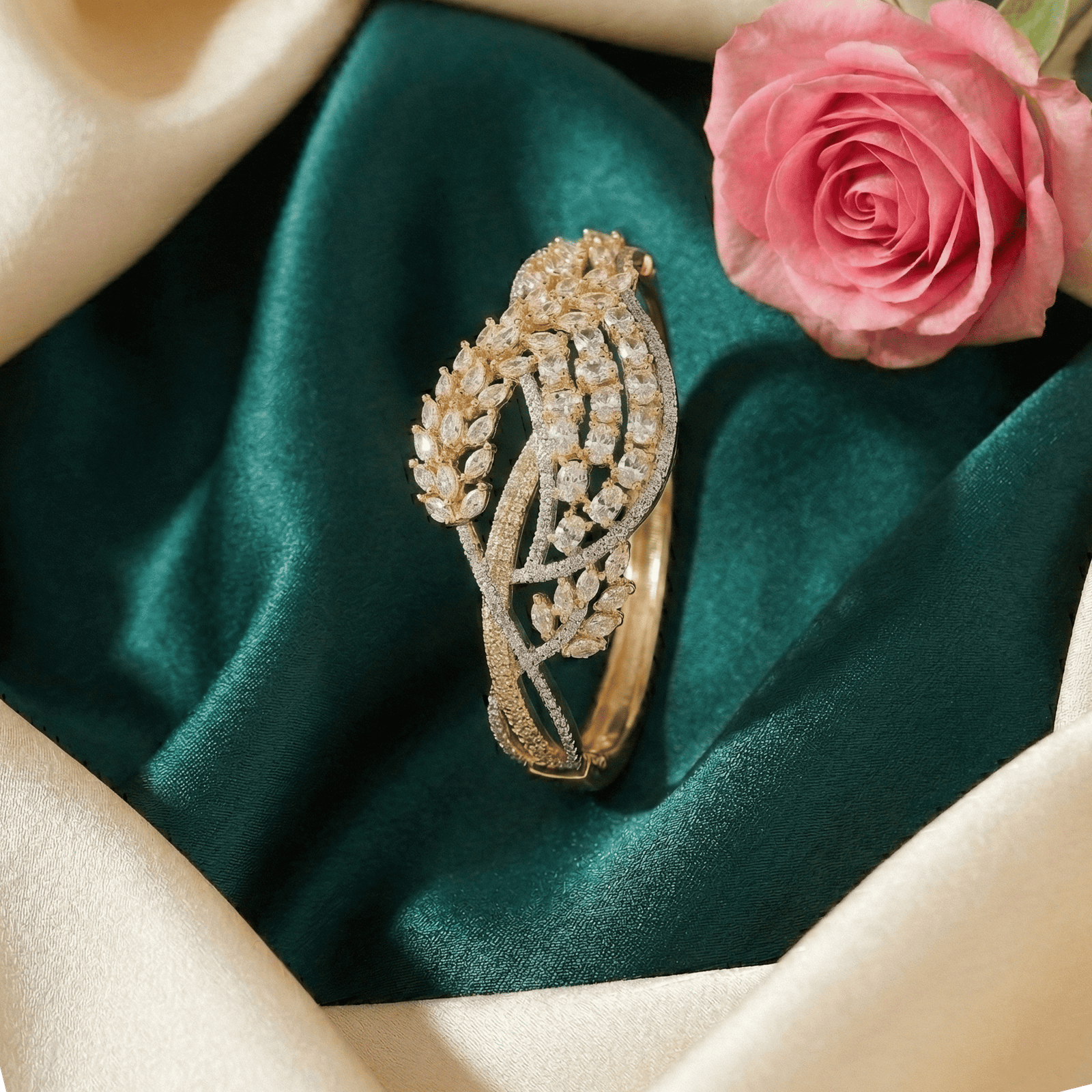 Eshanarya Botanical Leaf CZ Statement Bracelet for Women