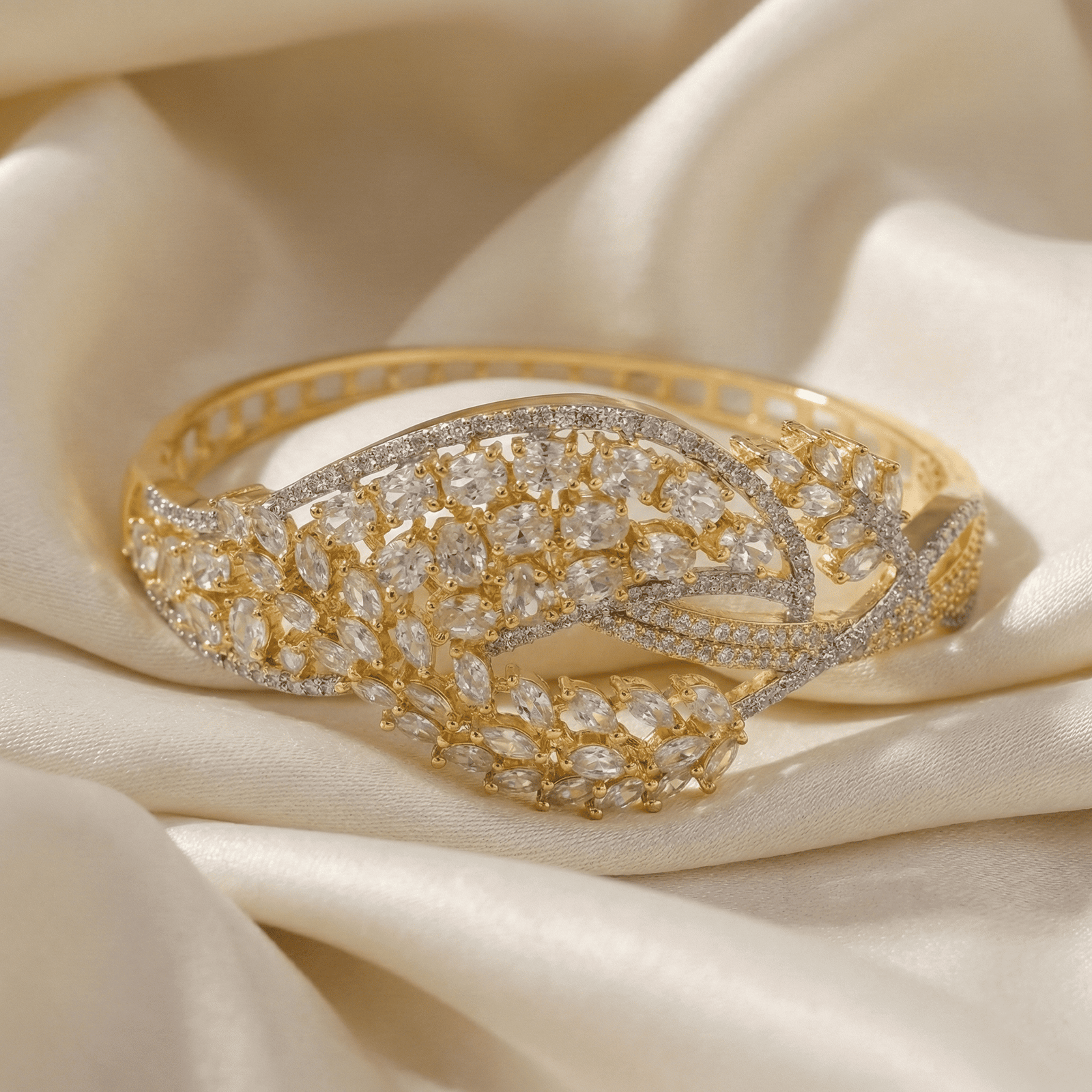 Eshanarya Botanical Leaf CZ Statement Bracelet for Women