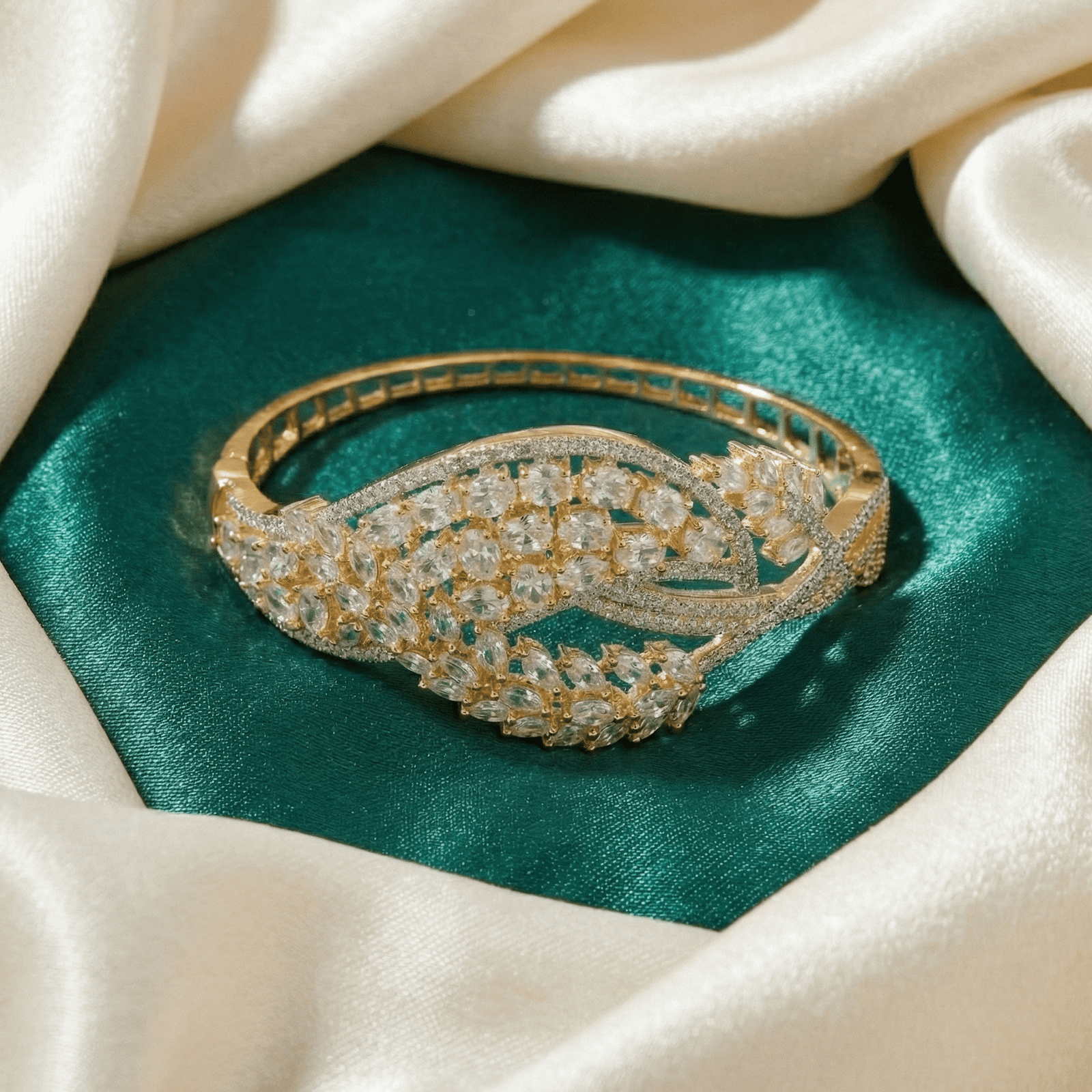 Eshanarya Botanical Leaf CZ Statement Bracelet front view