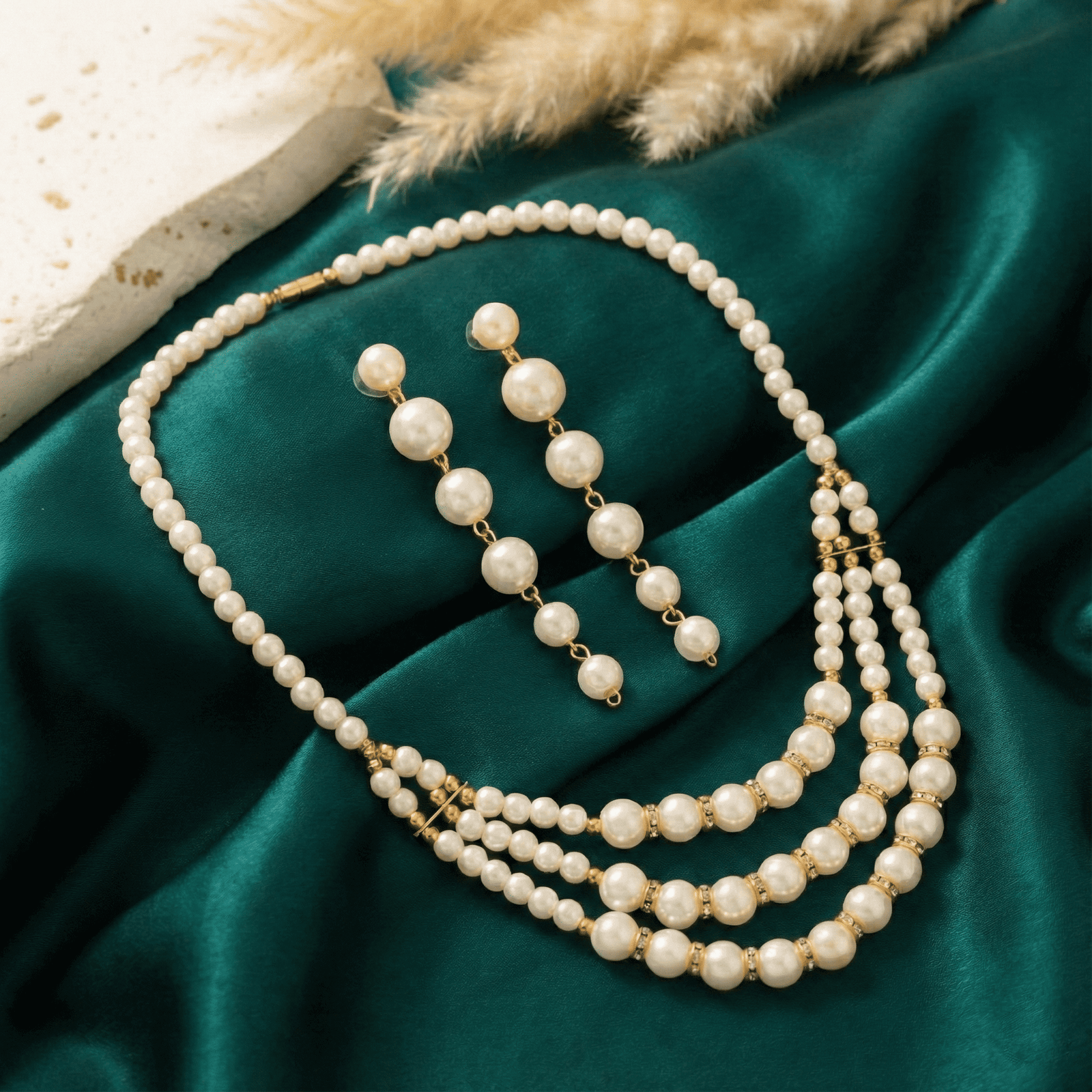Eshanarya Classic Triple-Layer Pearl Necklace Set for Wome