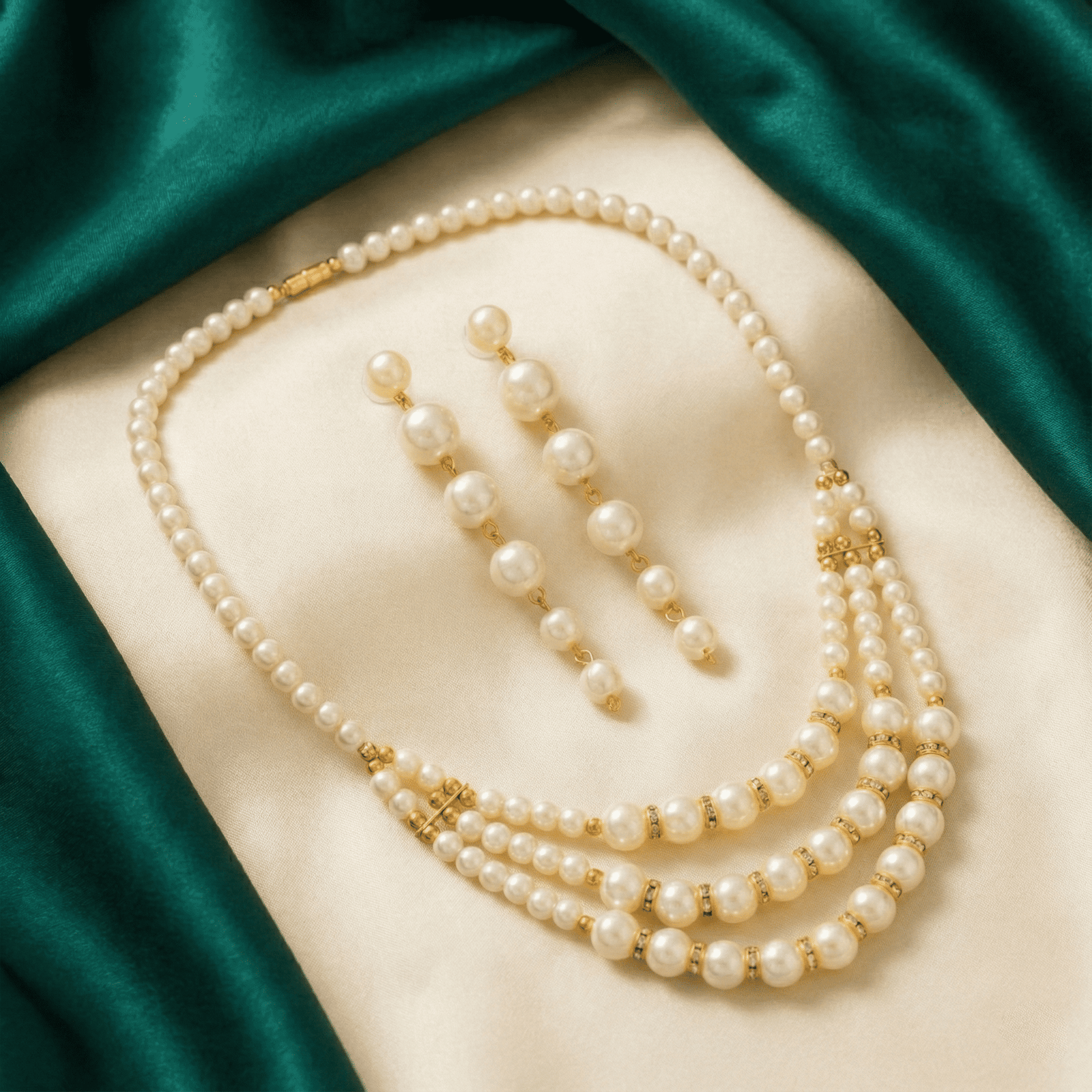 Eshanarya Classic Triple-Layer Pearl Necklace Set for Wome