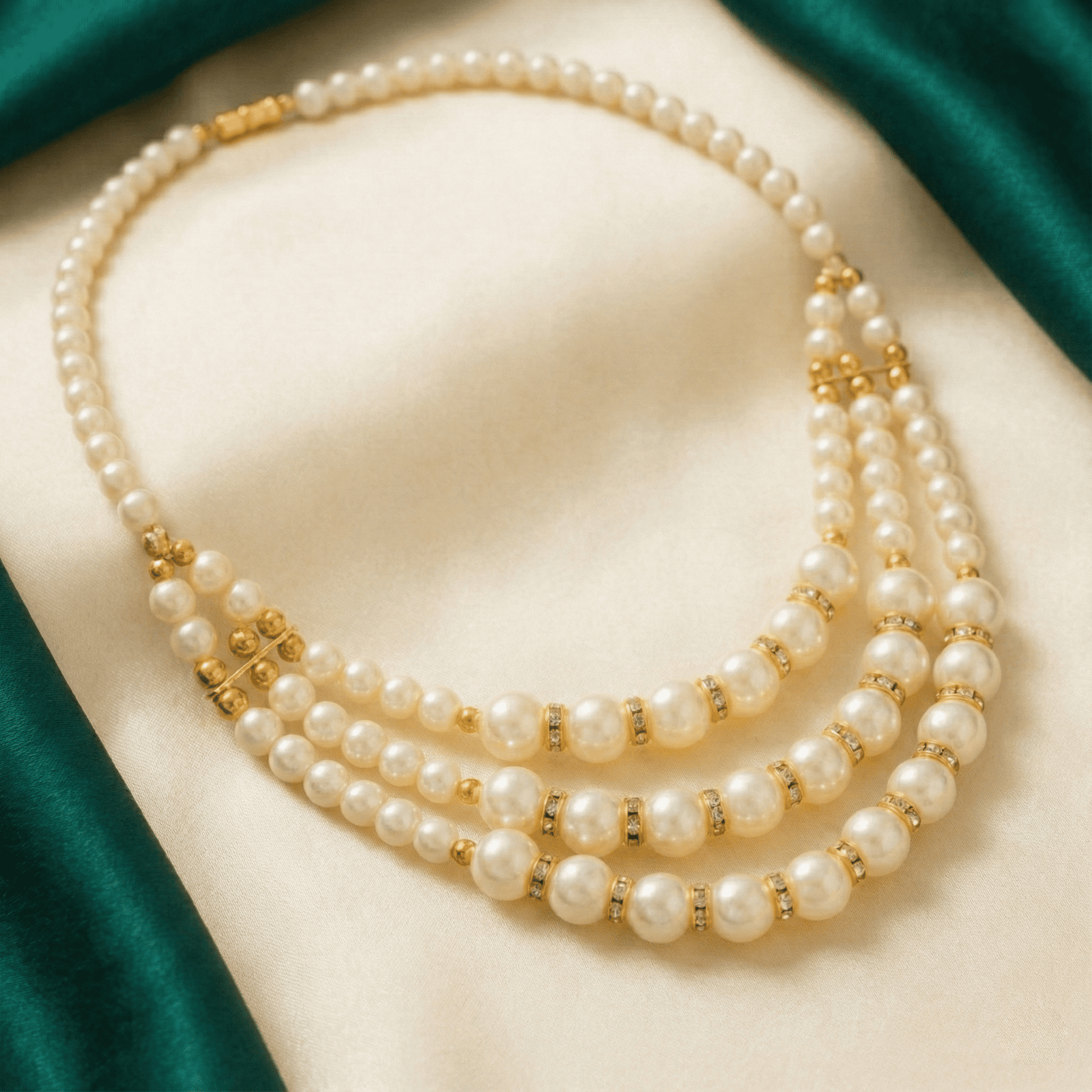 Eshanarya Classic Triple-Layer Pearl Necklace Set for Wome