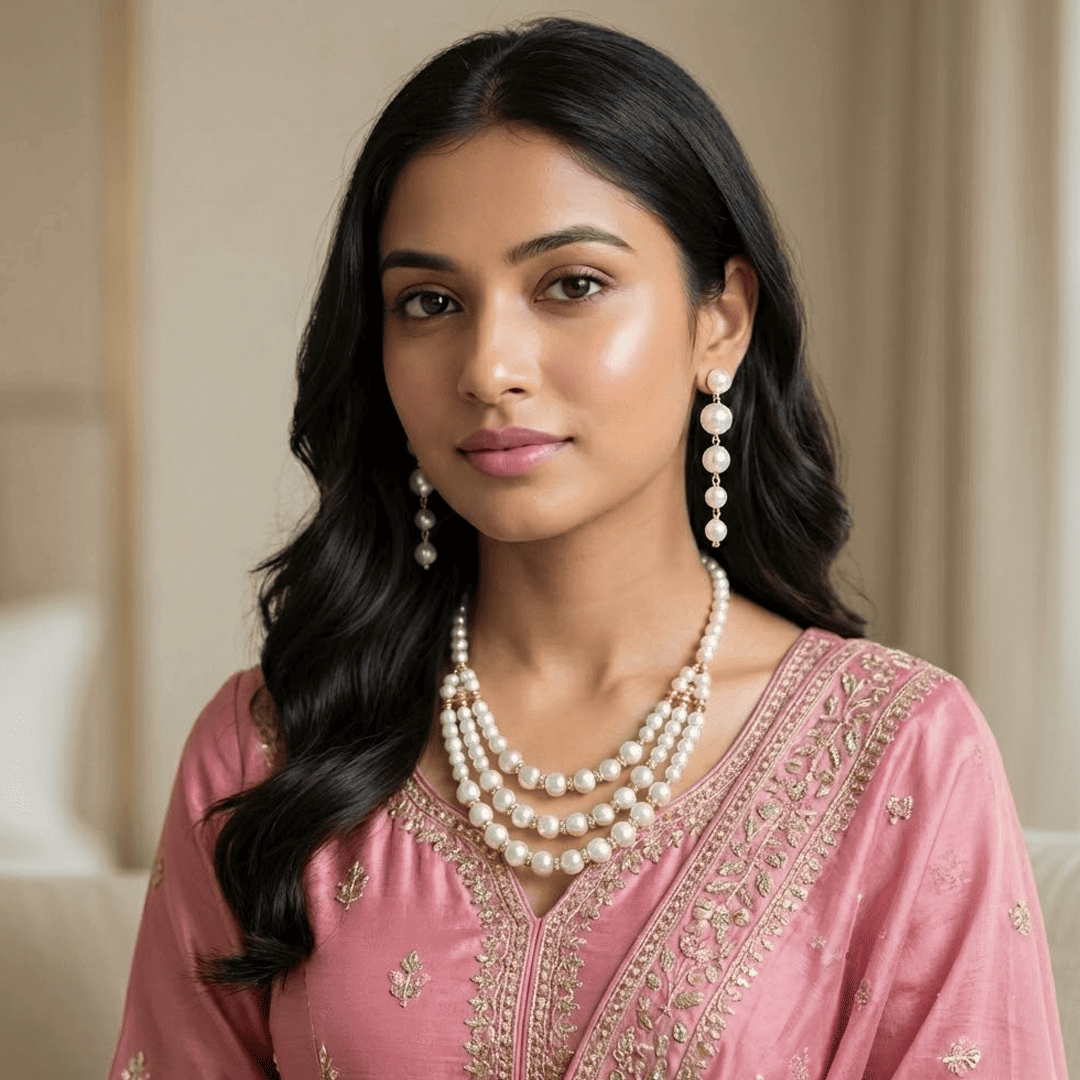 Eshanarya Classic Triple-Layer Pearl Necklace Set for Wome