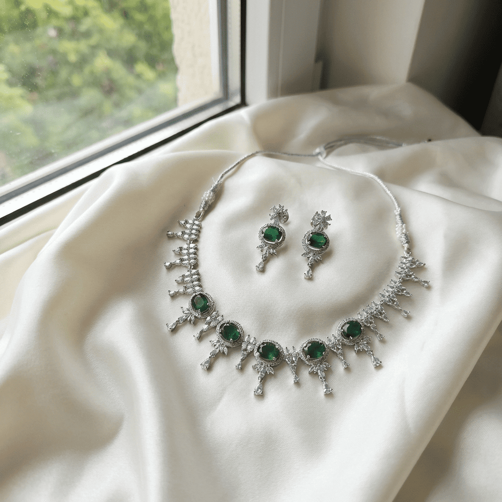Eshanarya Emerald Grace AD Necklace Set for Women
