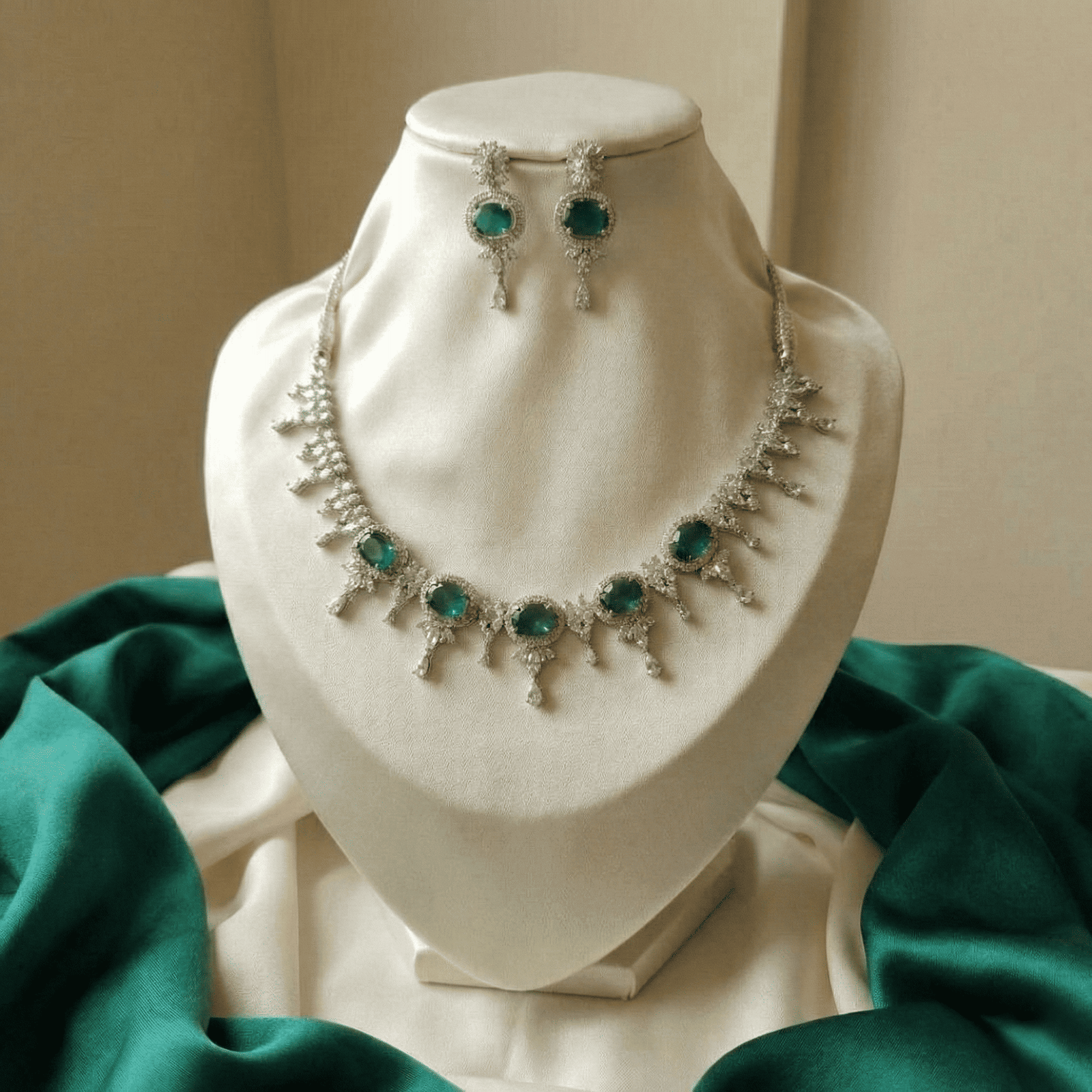Eshanarya Emerald Grace AD Necklace Set for Women