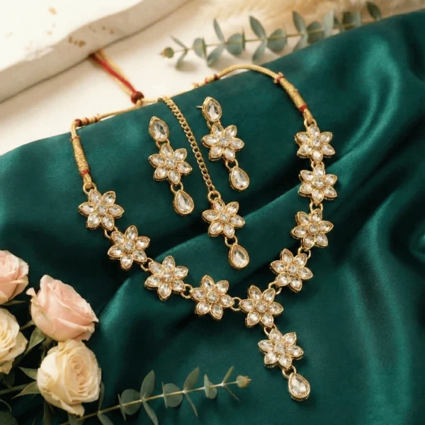 Gold Tone Floral AD Kundan Necklace Set for Women