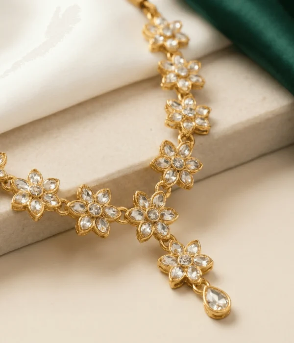 Eshanarya Floral AD Kundan Style Necklace Set for Women