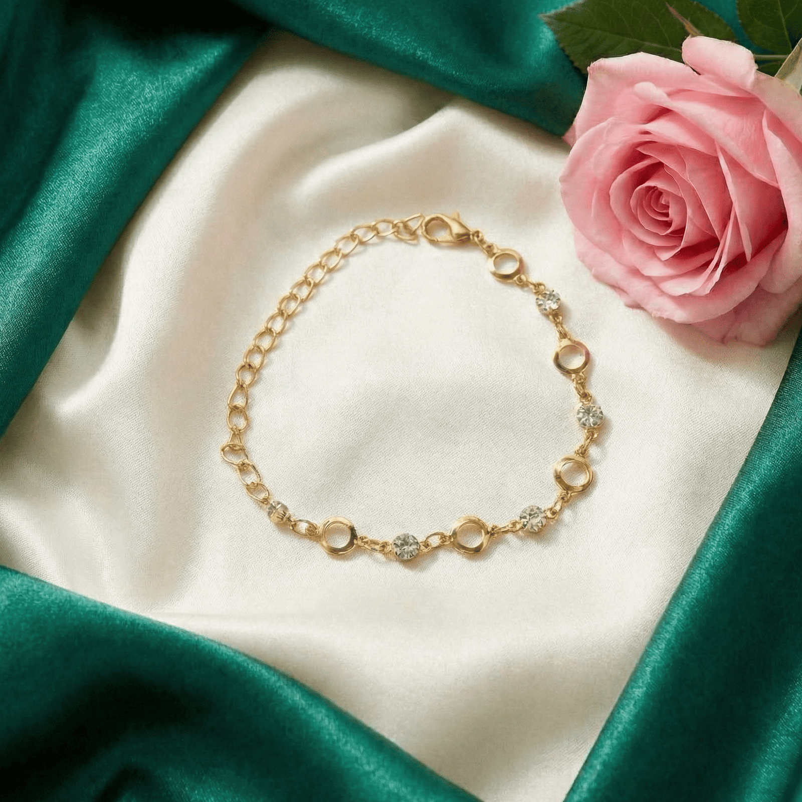 Fashion imitation jewellery bracelet for women with crystal accents with rose near it