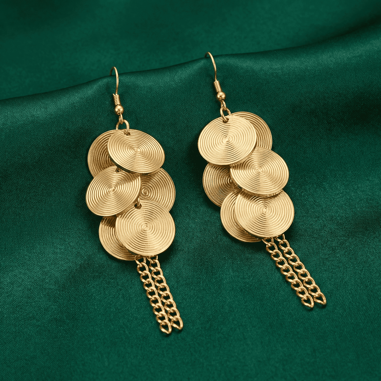 Eshanarya Gold Tone Spiral Disc Tassel Fashion Earrings for Women | Statement Dangle Earrings
