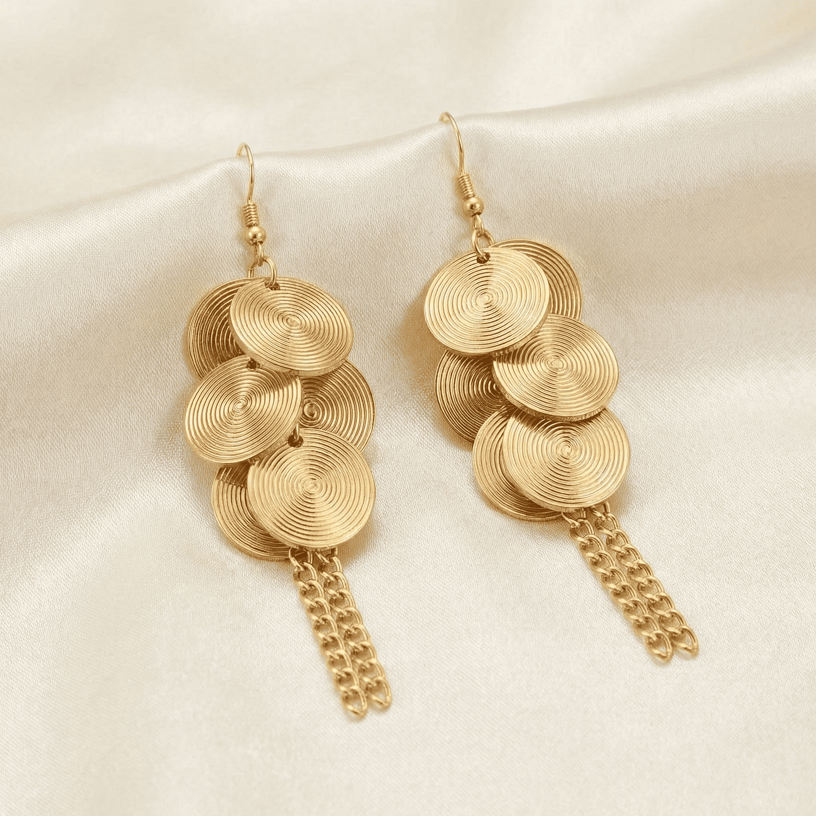 Eshanarya Gold Tone Spiral Disc Tassel Fashion Earrings for Women | Statement Dangle Earrings