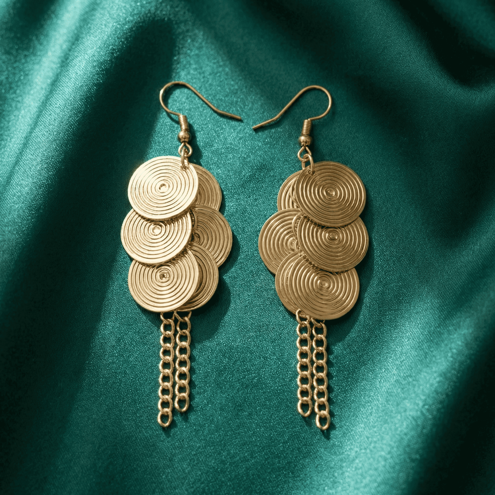 Women's gold tone statement earrings with textured disc layers and tassel chain accents