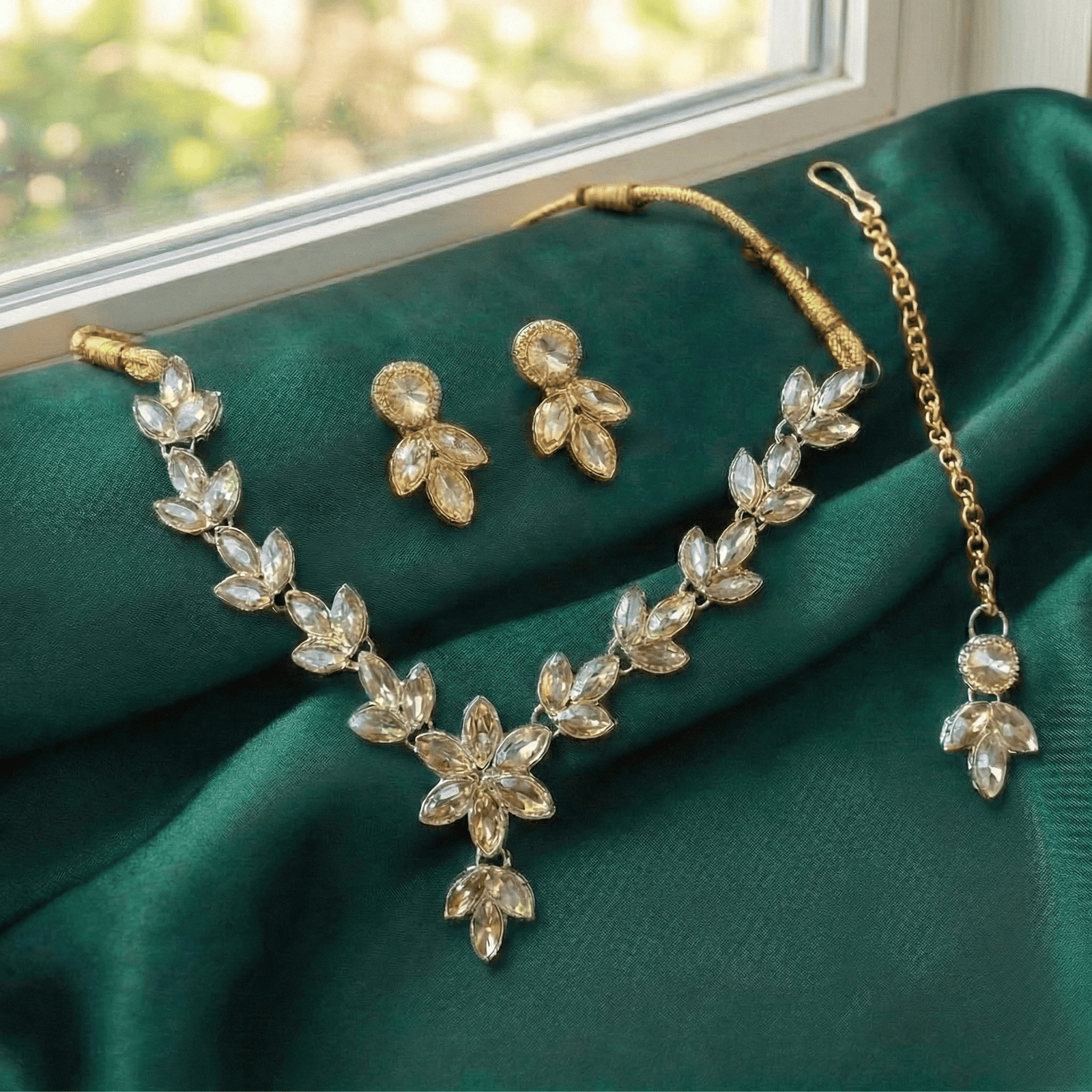 Eshanarya Leaf Like AD Style Necklace Set for Women