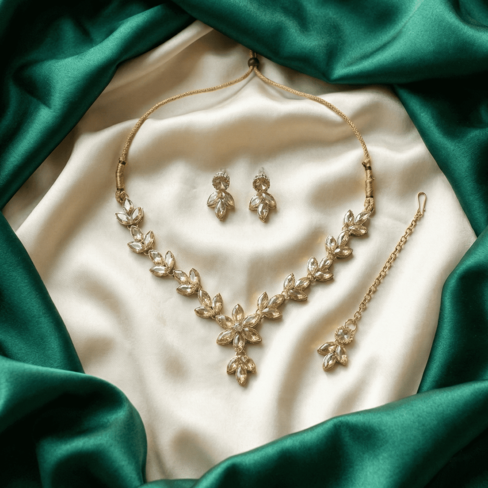 Eshanarya Leaf Like AD Style Necklace Set for Women