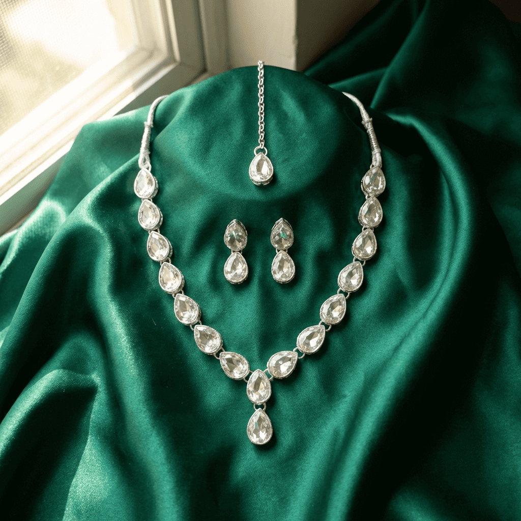 Eshanarya Noorika Silver AD Necklace Set for Women