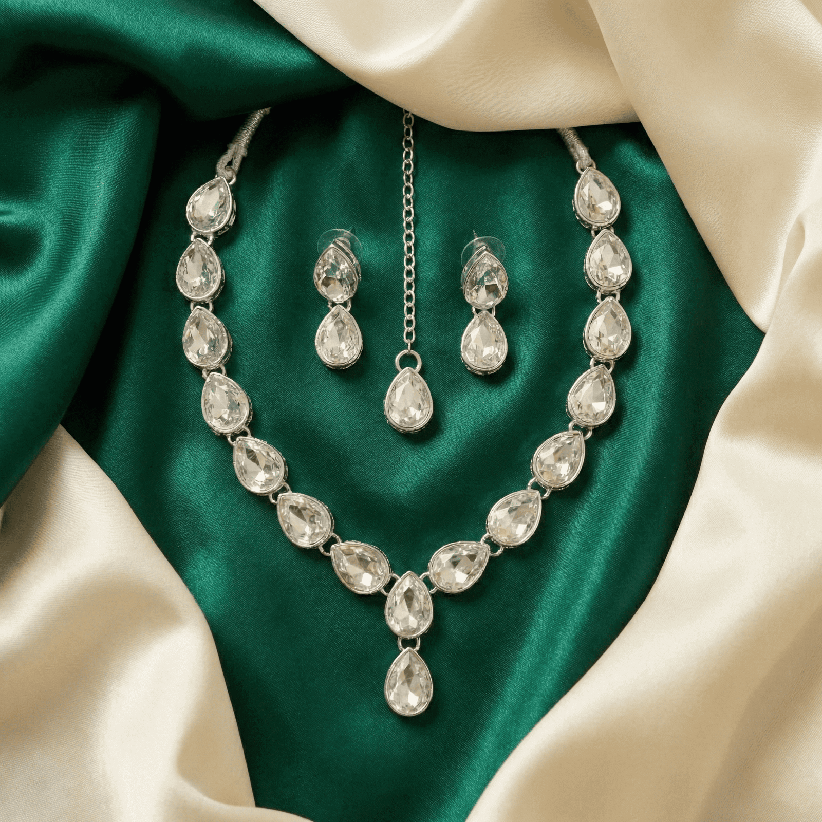 Eshanarya Noorika Silver AD Necklace Set for Women