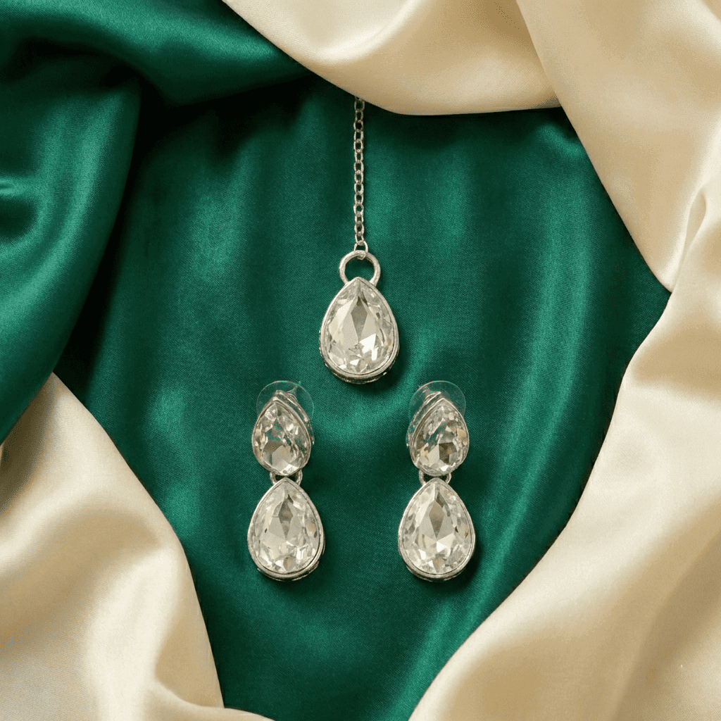 Eshanarya Noorika Silver AD Necklace Set for Women
