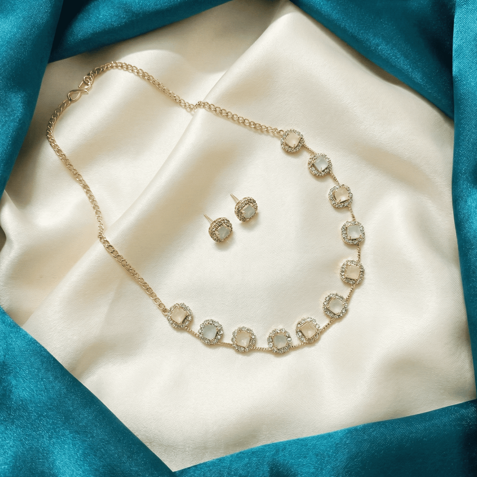 Eshanarya Celeste Pastel AD Floral Necklace Set for Women