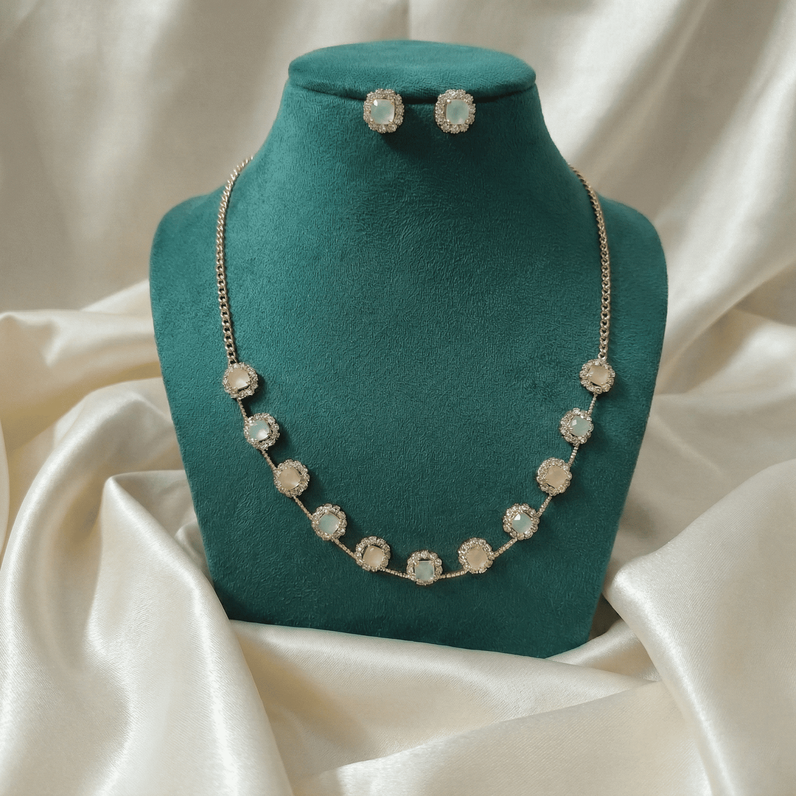 Eshanarya Celeste Pastel AD Floral Necklace Set for Women