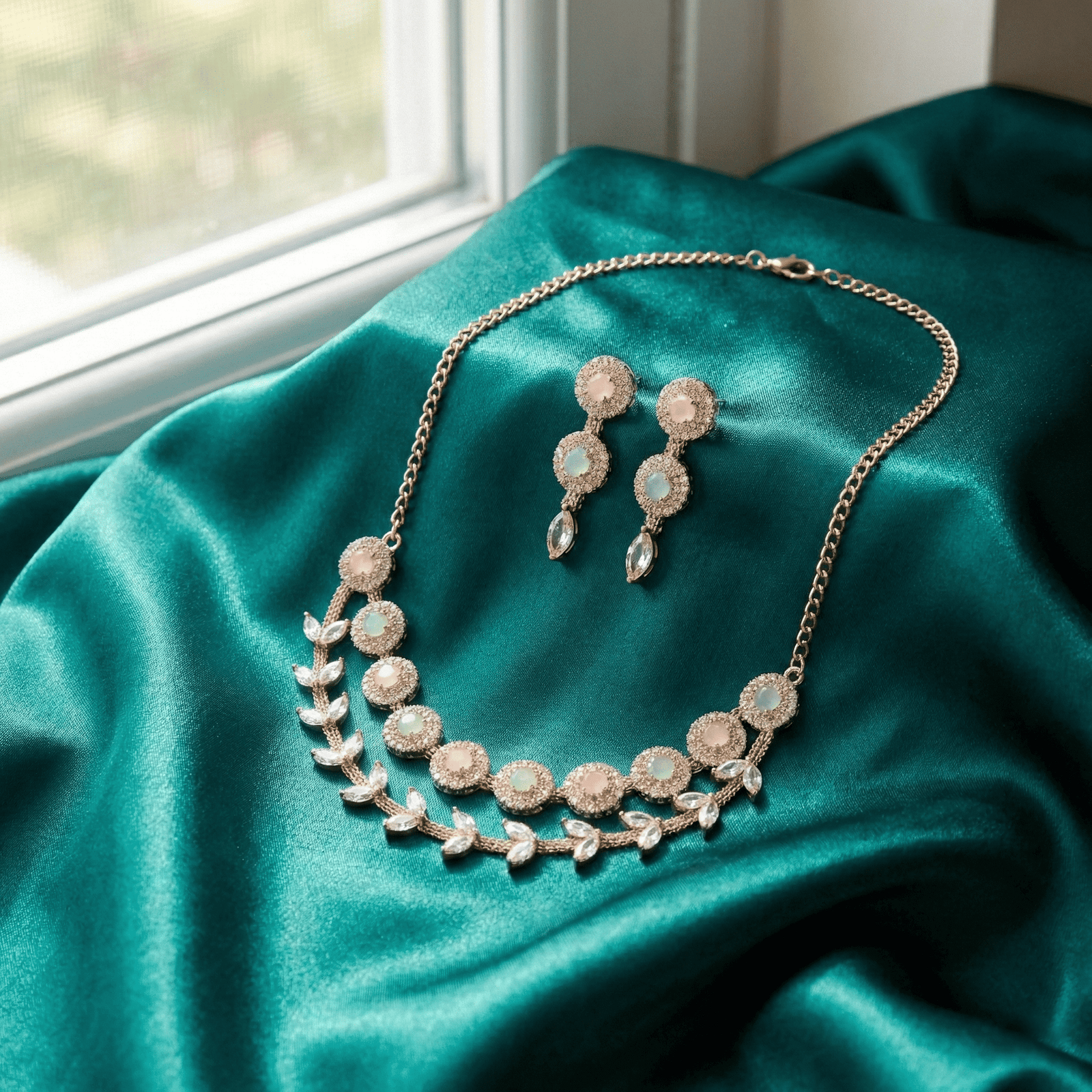 Eshanarya Pastel Bloom Double-Layer AD Necklace Set