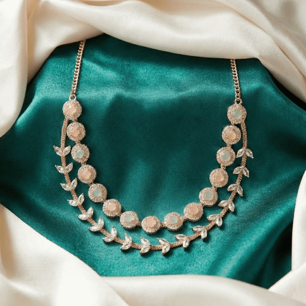 Eshanarya Pastel Bloom Double-Layer AD Necklace Set for Women