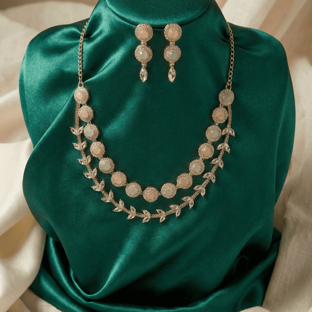 Eshanarya Pastel Bloom Double-Layer AD Necklace Set for Women