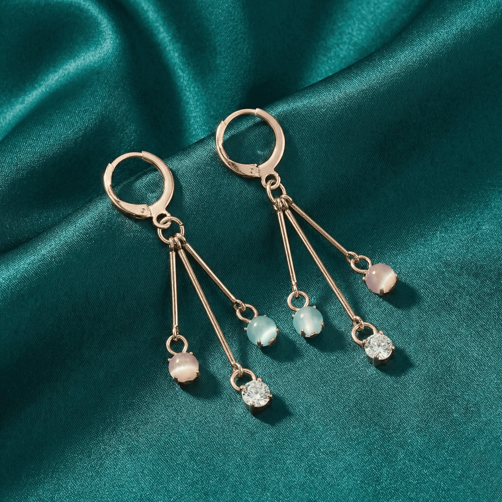 Eshanarya Pastel Drop Hoop Gold Tone Earrings for Women with Crystal Charms