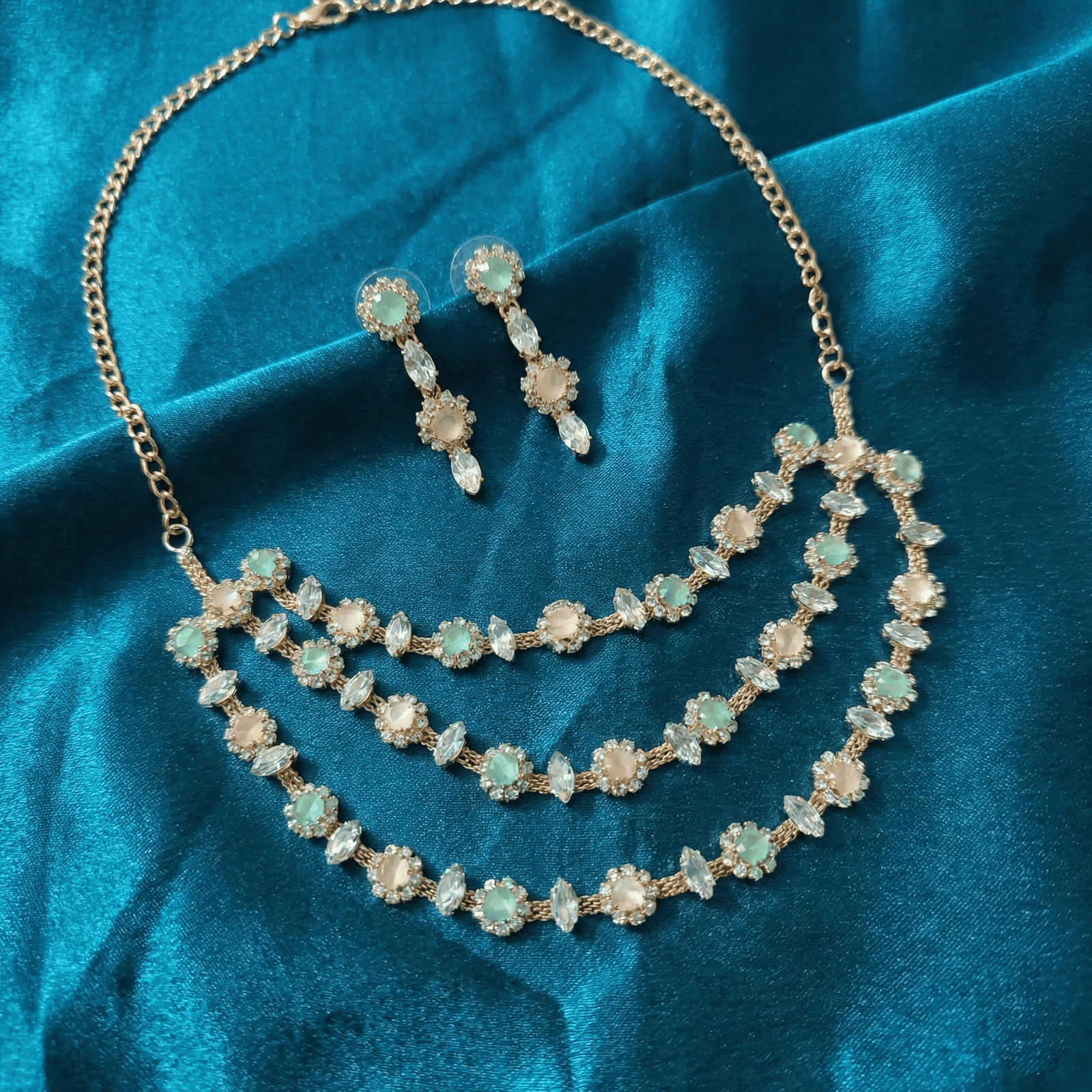 Eshanarya Aurora Pastel Triple Cascade AD Necklace Set for Women