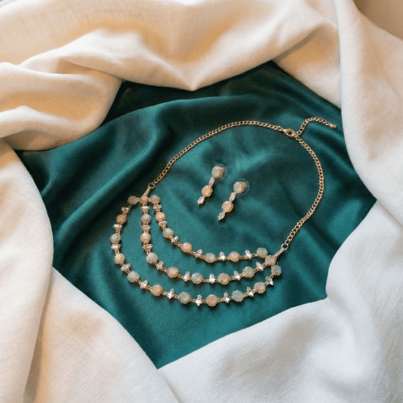 Eshanarya Aurora Pastel Triple Cascade AD Necklace Set for Women