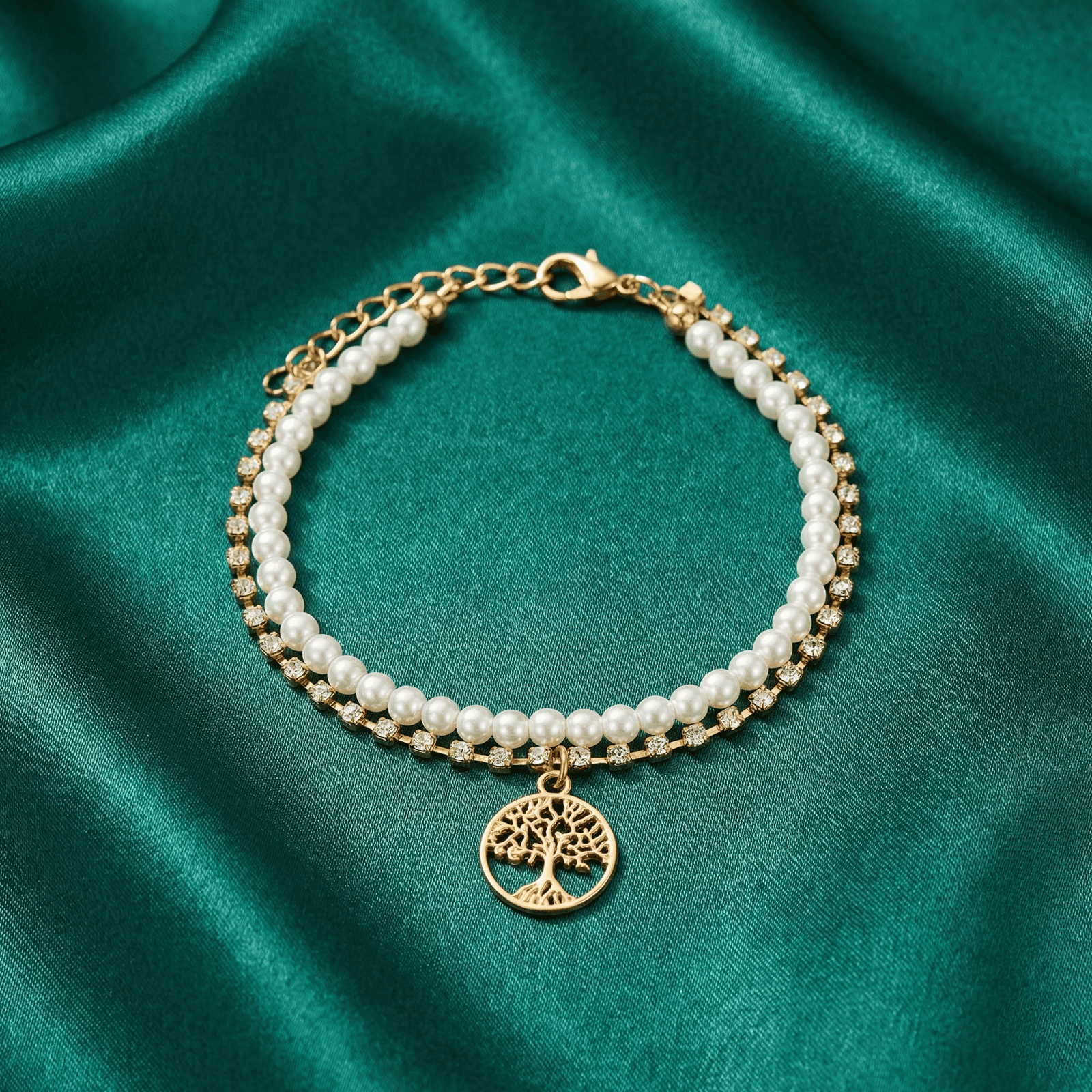 Pearl Tree Charm CZ bracelet for women on green satin background