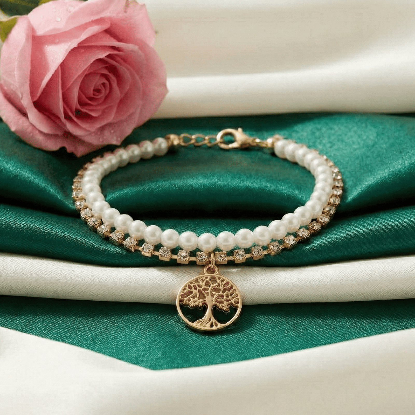 Korean style pearl bracelet for women with tree charm pendant