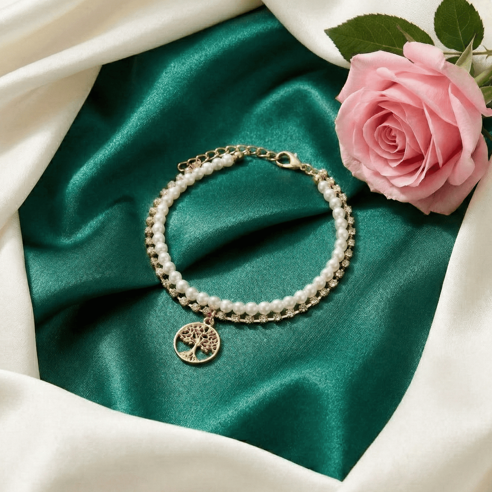Fashion imitation jewellery bracelet with pearl and CZ design