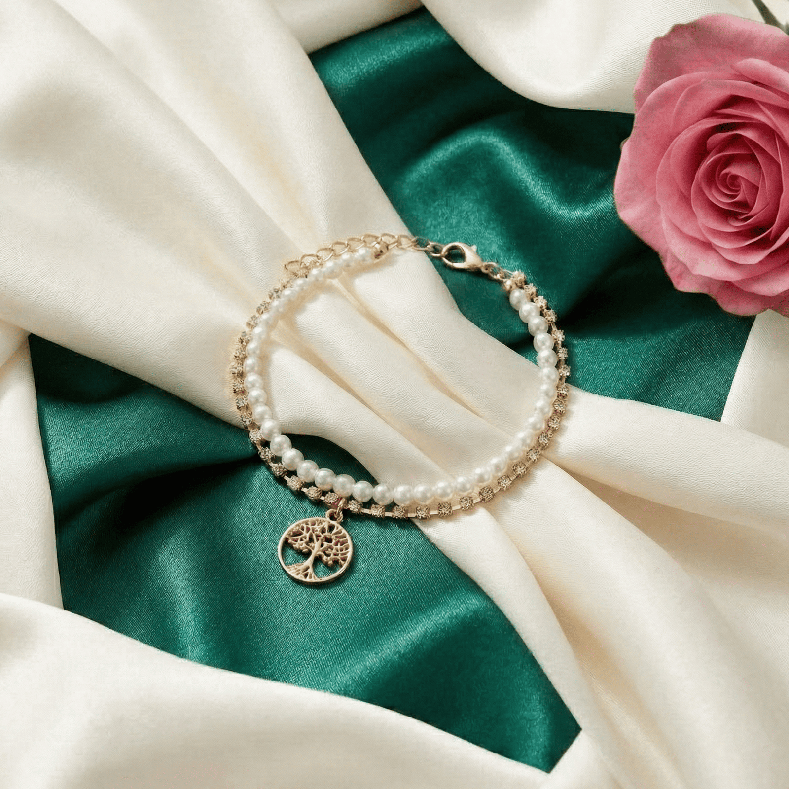 Eshanarya Pearl Tree Charm CZ Bracelet for Women