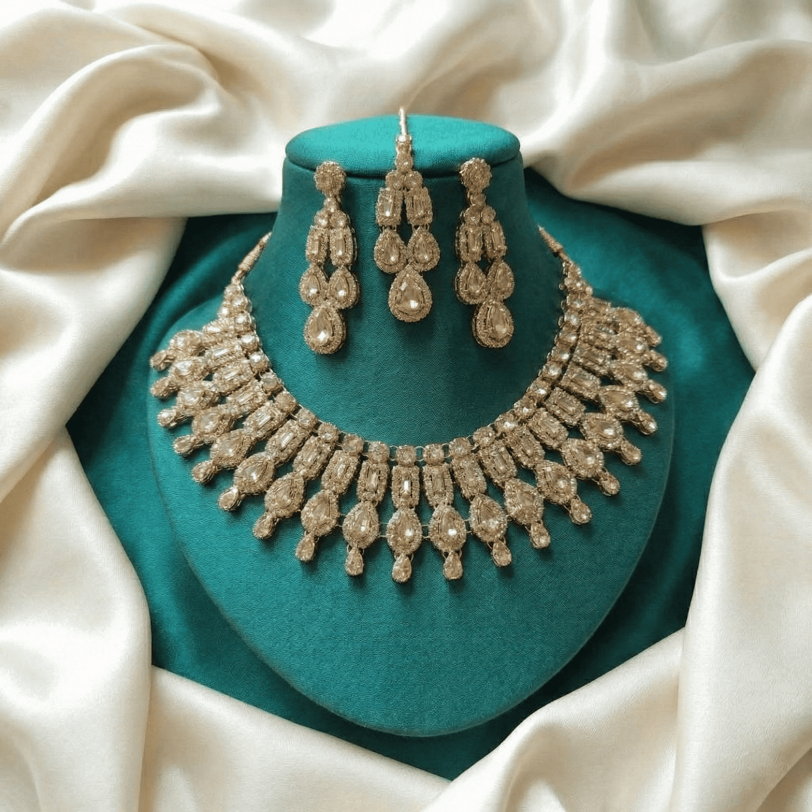 Eshanarya Pink Crystal Drop Necklace Set for Women