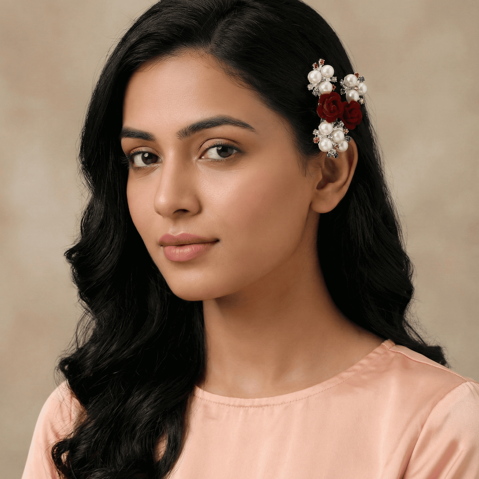 Eshanarya red rose pearl fashion hair clip for women
