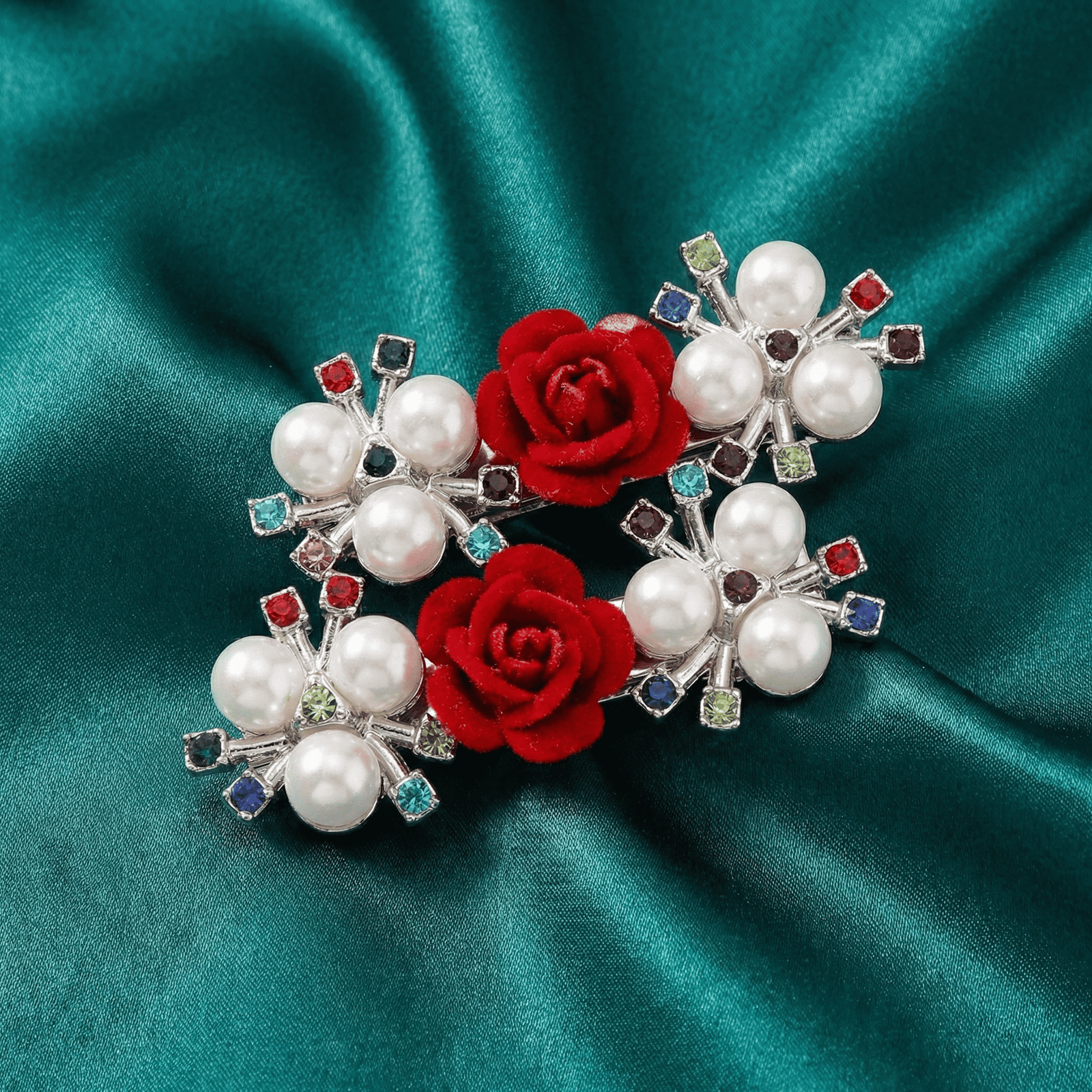 Red rose hair accessory with pearl detailing for women